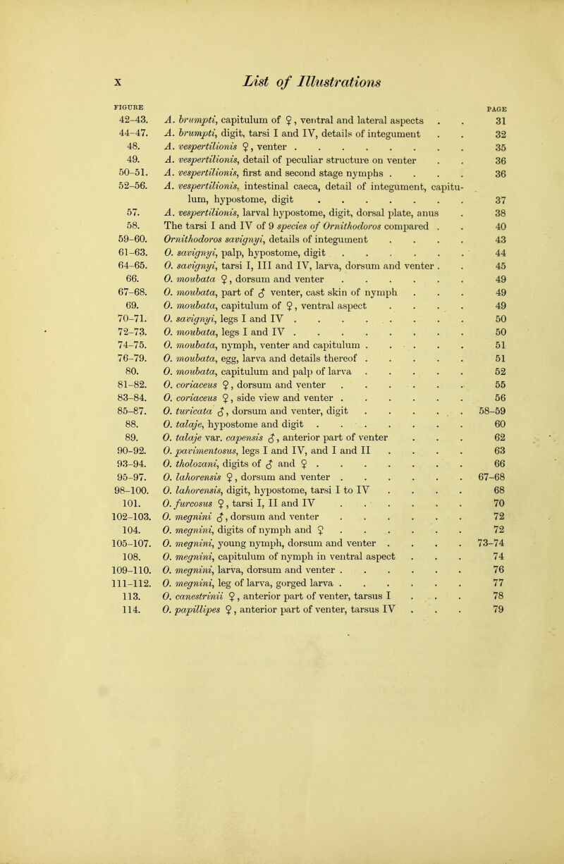 FIGURE PAGE 42-43. A. hriimpti, capitulum of 9, ventral and lateral aspects . . 31 44-47. A. hrumpti^ digit, tarsi I and IV, details of integument . . 32 48. A. vespertilionis 9) venter 35 49. A. vespertilionis, detail of peculiar structure on venter . . 36 50-51. A. vespertilionis, first and second stage nymphs .... 36 52-56. A. vespertilionis. intestinal caeca, detail of integument, capitu- lum, hypostome, digit 37 57. A. vespertilionis, larval hypostome, digit, dorsal plate, anus . 38 58. The tarsi I and IV of 9 species of Ornithodoros compared , . 40 59-60. Ornithodoros savignyi, details of integument .... 43 61-63. 0. savignyi, palp, hypostome, digit, ' 44 64-65. 0. saoignyi, tarsi I, III and IV, larva, dorsum and venter . . 45 66. 0. mouhata 5, dorsum and venter ...... 49 67-68. 0. mouhata, part of ^ venter, cast skin of nymph ... 49 69. 0. mouhata, capitulum of $, ventral aspect . . . . 49 70-71. 0. savignyi, legs I and IV . . . ... . . . 50 72-73. 0. mouhata, legs I and IV . . . ... . . 50 74-75. 0. mouhata, nymph, venter and capitulum .... . . 51 76-79. 0. mouhata, egg, larva and details thereof . . . , . . 51 80. 0. mouhata, capitulum and palp of larva . . . . . 52 81-82. 0. coriaceus $, dorsum and venter ^ 55 83-84. 0. coriaceus side view and venter 56 85-87. 0. turicata ^, dorsum and venter, digit . . . . _ . 58-59 88. 0. talaje, hypostome and digit . . . . . . . 60 89. 0. talaje var. capensis ^, anterior part of venter ... 62 90-92. 0. pavimentosus, legs I and IV, and I and II ... . 63 93-94. 0. tholozani, digits of $ and $ 66 95-97. 0. lahorensis dorsum and venter . . . ... 67-68 98-100. 0. ^aAore^^s^s, digit, hypostome, tarsi I to IV . . . . 68 101. 0. furcosus 5, tarsi I, II and IV . . . . . . 70 102-103. 0. megnini , dorsum and venter 72 104. 0. megnini, digits of nymph and ^ 72 105-107. 0. megnini, young nymph, dorsum and venter .... 73-74 108. 0. megnini, capitulum of nymph in ventral aspect ... 74 109-110. 0. me^mm, larva, dorsum and venter 76 111-112. 0. we^mm, leg of larva, gorged larva ...... 77 113. 0. canestrinii 5 , anterior part of venter, tarsus I . . . 78