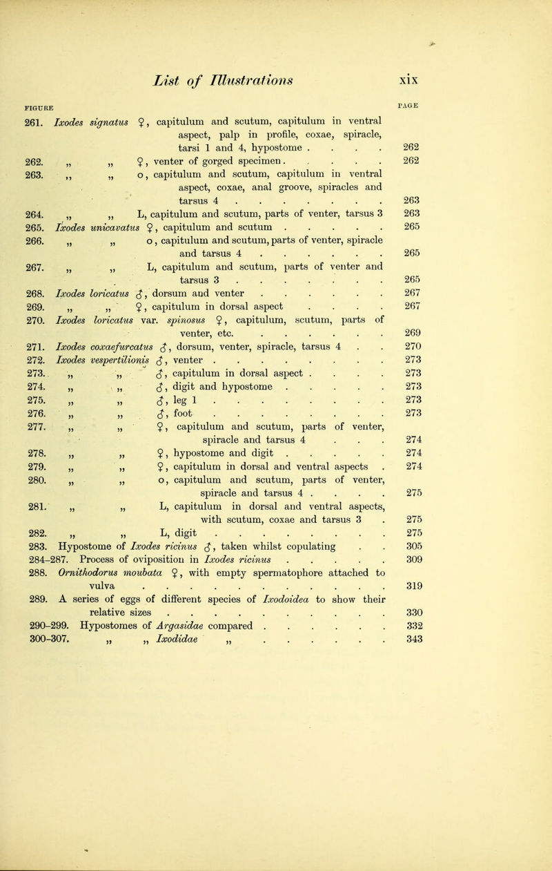 FIGURE PAGE 261. Ixodes signatus capitulum and scutum, capitulum in ventral aspect, palp in profile, coxae, spiracle, tarsi 1 and 4, hypostome .... 262 262. „ „ venter of gorged specimen 262 263. „ o, capitulum and scutum, capitulum in ventral aspect, coxae, anal groove, spiracles and tarsus 4 263 264. „ „ L, capitulum and scutum, parts of venter, tarsus 3 263 265. Ixodes unicavatus 5) capitulum and scutum 265 266. „ „ o , capitulum and scutum, parts of venter, spiracle and tarsus 4 265 267. „ „ L, capitulum and scutum, parts of venter and tarsus 3 265 268. Ixodes loricatus $, dorsum and venter 267 269. „ ,, ~ ?, capitulum in dorsal aspect .... 267 270. Ixodes loricatus var. spinosus 9? capitulum, scutum, parts of venter, etc. 269 271. Ixodes coxaefurcatus dorsum, venter, spiracle, tarsus 4 . . 270 273. Ixodes vespertilionis venter ........ 273 273.. „ „ (J, capitulum in dorsal aspect .... 273 274. „ » (^5 digit and hypostome 273 275. „ „ leg 1 273 276. „ „ foot 273 277. „ „ ?, capitulum and scutum, parts of venter, spiracle and tarsus 4 ... 274 278. „ „ 9) hypostome and digit 274 279. >j 5) ?) capitulum in dorsal and ventral aspects . 274 280. „ „ o, capitulum and scutum, parts of venter, spiracle and tarsus 4 . . . . 275 281. „ „ L, capitulum in dorsal and ventral aspects, with scutum, coxae and tarsus 3 . 275 282. „ „ L, digit 275 283. Hypostome of Ixodes ricinus ^, taken whilst copulating . . 305 284-287. Process of oviposition in Ixodes ricinus 309 288. Ornithodorus mouhata with empty spermatophore attached to vulva 319 289. A series of eggs of different species of Ixodoidea to show their relative sizes 330 290-299. Hypostomes of Argasidae compared 332 300-307. „ „ Ixodidae „ 343