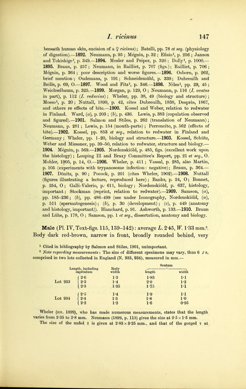 beneath human skin, excision of a $ ricinus); Batelli, pp. 78 et seq. (physiology of digestion).—1892. Neumann, p. 95 ; Megnin, p. 32 ; Efisio^ p. 256 ; Janson and Tokishigei, p. 349.—1894. Hosier and Peiper, p. 320 ; Dolly i, p. 1000.— 1895. Braun, p. 257; Neumann, in Railliet, p. 707 (figs.); Railliet, p. 706; Megnin, p. 364 ; poor description and worse figures.—1896. Osborn, p. 262, brief mention ; Oudemans, p. 191; Schneidemiihl, p. 339; Dubreuilh and Beille, p. 69, 0.-1897. Wood and Fitz^, p. 346.—1898. Nilesi, pp. 29, 45 ; Weichselbaum, p. 325.—1899. Morgan, p. 129, 0 ; Neumann, p. 116 (/. ovatus in part), p. 112 (/. reduvius); Wheler, pp. 38, 49 (biology and structure); Mossoi, p. 20; Nuttall, 1899, p. 42, cites Dubreuilh, 1838, Despr^s, 1867, and others re effects of bite.—1900. Kossel and Weber, relation to redwater in Finland. Ward, (a), p. 203 ; (6), p. 436. Lewis, p. 383 (copulation observed and figured).—1901. Salmon and Stiles, p. 262 (translation of Neumann); Neumann, p. 281 ; Lewis, p. 154 (mouth-parts) ; Perroncito, p. 562 (effects of bite).—1902. Kossel, pp. 853 et seq., relation to redwater in Finland and Germany ; Wheler, pp. 1-20, biology and structure.—1903. Kossel, Schiitz, Weber and Miessner, pp. 39-50, relation to redwater, structure and biology.— 1904. Megnin, p. 569.—1905. Nordenskiold, p. 485, figs, (excellent work upon the histology); Louping 111 and Braxy Committee's Report, pp. 21 seq., 0. Mohler, 1905, p. 14, 0.—1906. Wheler, p. 411 ; Vassal, p. 285, also Martin, p. 105 (experiments with trypanosome infection: negative); Braun, p. 364.— 1907. D(3nitz, p. 90; Pocock, p. 201 (cites Wheler, 1902).—1908. Nuttall (figures illustrating a lecture, reproduced here); Banks, p. 24, 0; Bonnet, p. 254, 0; Galli-Valeric, p.- 611, biology; Nordenskiold, p. 637, histology, important; Stockman (reprint, relation to redwater).—1909. Samson, (a), pp. 185-236; (6), pp. 486-499 (see under Iconography, Nordenskiold, (a), p. 511 (spermatogenesis); (6), p. .30 (development) ; (c), p. 449 (anatomy and histology, important)). Blanchard, p. 91. Ash worth, p. 133.—1910. Braun and Liihe, p. 178, 0 ; Samson, pp. 1 et seq., dissertation, anatomy and biology. Male (PI. IV, Text-figs. 115,139-142): average L. 2*45, W. 1-33 mm.l Body dark red-brown, narrow in front, broadly rounded behind, very 1 Cited in bibliography by Salmon and Stiles, 1901, unimportant. 2 Note regarding measurements : The size of different specimens may vary, thus 6 s, comprised in two lots collected in England (N. 933, 934), measured in mm.— Scutum Length, including Body capitulum width length width f 2-6 1-3 1-85 1-1 Lot 933 j 2-5 1-4 2-0 1-2 (2-3 .1-35 1-75 1-1 / 2*5 1-4 1-9 1-1 Lot 934 \ 2-4 1-3 1-8 1-0 [ 2-2 1-2 1-6 0-95 Wheler (xii. 1899), who has made numerous measurements, states that the length varies from 2-35 to 2-8 mm. Neumann (1899, p. 113) gives the size at 2-5 x 1-5 mm. The size of the unfed ? is given at 2-85 x 3-25 mm., and that of the gorged ? at