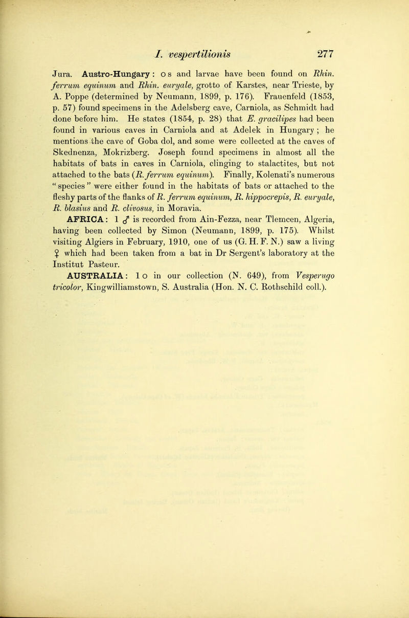 Jura. Austro-Hungary : o s and larvae have been found on Rhin. ferrum equinum and Rhin. euryale, grotto of Karstes, near Trieste, by A. Poppe (determined by Neumann, 1899, p. 176). Frauenfeld (1853, p. 57) found specimens in the Adelsberg cave, Carniola, as Schmidt had done before him. He states (1854, p. 28) that E. gracilipes had been found in various caves in Carniola and at Adelek in Hungary ; he mentions the cave of Goba dol, and some were collected at the caves of Skednenza, Mokrizberg. Joseph found specimens in almost all the habitats of bats in caves in Carniola, clinging to stalactites, but not attached to the bats (R. ferrum equinum). Finally, Kolenati's numerous  species  were either found in the habitats of bats or attached to the fleshy parts of the flanks of R. ferrum equinum, R. hippocrepis, R. euryale, R. hlasius and R. clivosus, in Moravia. AFRICA: 1 (/ is recorded from Ain-Fezza, near Tlemcen, Algeria, having been collected by Simon (Neumann, 1899, p. 175). Whilst visiting Algiers in February, 1910, one of us (G. H. F. N.) saw a living % which had been taken from a bat in Dr Sergent's laboratory at the Institut Pasteur. AUSTRALIA: 1 o in our collection (N. 649), from Vespey^ugo tricolor, Kingwilliamstown, S. Australia (Hon. N. C. Rothschild coll.).
