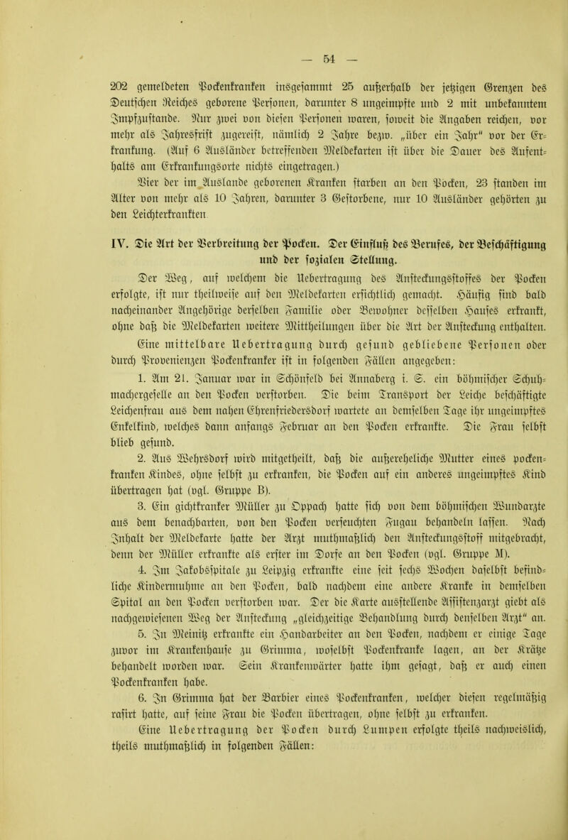 202 gemelbeten ^ocfenfranfen in§gefammt 25 außerhalb ber jetzigen ©renken be§ ®eutfcf)cit 3teid)e3 geborene s£erfonen, barunter 8 ungeimpfte unb 2 mit unbefanntem Sntpfjuftanbe. 9hir pjet oon biegen ^erfonen maren, foraeit bie Angaben retten, oor mehr als ^abresfrift «mgereift, nämlich, 2 3al)re bejiD. „über ein Satjr oor ber @r= franfung. (Stuf 6 21u§länber betreffenben 93Mbefarten ift über bte 3)auer be§ 2lufent= l)alt§ am (SrfranfungSorte nid)t§ eingetragen.) 3Sier ber im SluSlanbe geborenen Äranfen ftarben an bett ^bden, 23 ftanben im Silier oon me'tjr al§ 10 Sauren, barunter 3 ©eftorbene, nur 10 SluSlänber geborten p ben £eid)terfranften IV. ®ie Wct ber Verbreitung ber Rotten. £>er ©influf? be£ Berufes, ber SBefcfjäftigung unb ber fokalen Stellung. SDer 2Beg, auf roeld)em bie llebertragung be§ Stnftedung§ftoffe§ ber ^ocfen erfolgte, ift nur trjetliueife auf ben 93ielbefarten erftcrjtlid) gemad)t. häufig finb balb nad)einanber Slngel)örige berfelben Jvamitie ober ©eioofmer beffelben Kaufes erfranft, ot)ne bafe bie 9JMbefarten meitere 9Jttttl)eilungen über bie Slrt ber Slnftedung enthalten. (Sine mittelbare llebertragung burtf» gefunb gebliebene ^erfonen ober burd) ^roocnienjen ^>odenfranfer ift in folgenbeu gälten angegeben: 1. Slm 21. Smtuar mar in ©djönfelb Bei Künaberg i. @. ein böhmifdjer ©d)uh> macbergefelle au ben ^>oden oerftorbeu. S)'ie beim Iransport ber Seidje befd)äftigte Seidjenfrau aus bem naljen ©hrenfriebcrSborf wartete an bemfelben Sage ifir ungeimpfteS (änfelfinb, welches bann anfangs #efo-uar an ben ^ocfen erfranfte. SDie A-rau felbft blieb gefunb. 2. 3tu§ SßebrSborf roirb mitgeteilt, bafc bie aufjererjetidje Butter eines poden= franfen ÄinbeS, ohne felbft p erfranfen, bie Poeten auf ein anbereS ungeimpfteS Äinb übertragen f)at (ogl. ©ruppe B). 3. ©in gid)th-anfer Füller 31t Dppad) blatte fid) oon bem böljmifdjen Üßunbar^te aus bem benad)barten, oon ben s^ocfen oerfeud)ten A-ugau befyanbeln (äffen, ^iad) Srtrjalt ber $)Mbefarte fjatte ber Slr^t mutbmafelid) ben SlnftedungSftoff ntitgebrad)t, beim ber Füller erfranfte als erfter im §)orfe an ben ^ocfen (ogl ©ruppe M). 4. 3nt SGfobSfmtale bu ßcipätg erfranfte eine feit fed)S Podien bafelbft befinb= Iid)e Ä'inbenuutjme an ben Rodert, balb nad)bem eine aubere Äranfe in bemfelben ©pital an ben ^ocfen oerftorbeu mar. 2)er bie Äarte auSftellenbe Slffiften^arjt gicbt als uacfjgeioiefenen 2ßeg ber Slnftedung „gleid^eitigc 2Sef)anblung burd) benfelben Slrjt an. 5. 2,n 93ieini^ erfranfte ein ^anbarbetter an ben $odeu, nadjbem er einige läge juoor im Äranfenrjaufe 311 ©rintma, roofelbft ^ocfcnfranfe lagen, an ber £rä(3e beljanbelt roorben roar. 6ein k raufe um ärtcr hatte tJ>tn gefagt, baf$ er and) einen ^ocfenfranfen fjabe. 6. 3in ©rimma l)at ber 33arbier eines ^odenfranfen, meldjer biefen regelmäßig rafirt hatte, auf feine $rau bie ^otfen übertragen, ohne felbft 31t erfranfen. @ine llebertragung ber ^oden burctj Sumüen erfolgte theifö nad)iociölid), tljeilS mutfjma^lid) in folgenben 3'äßen: