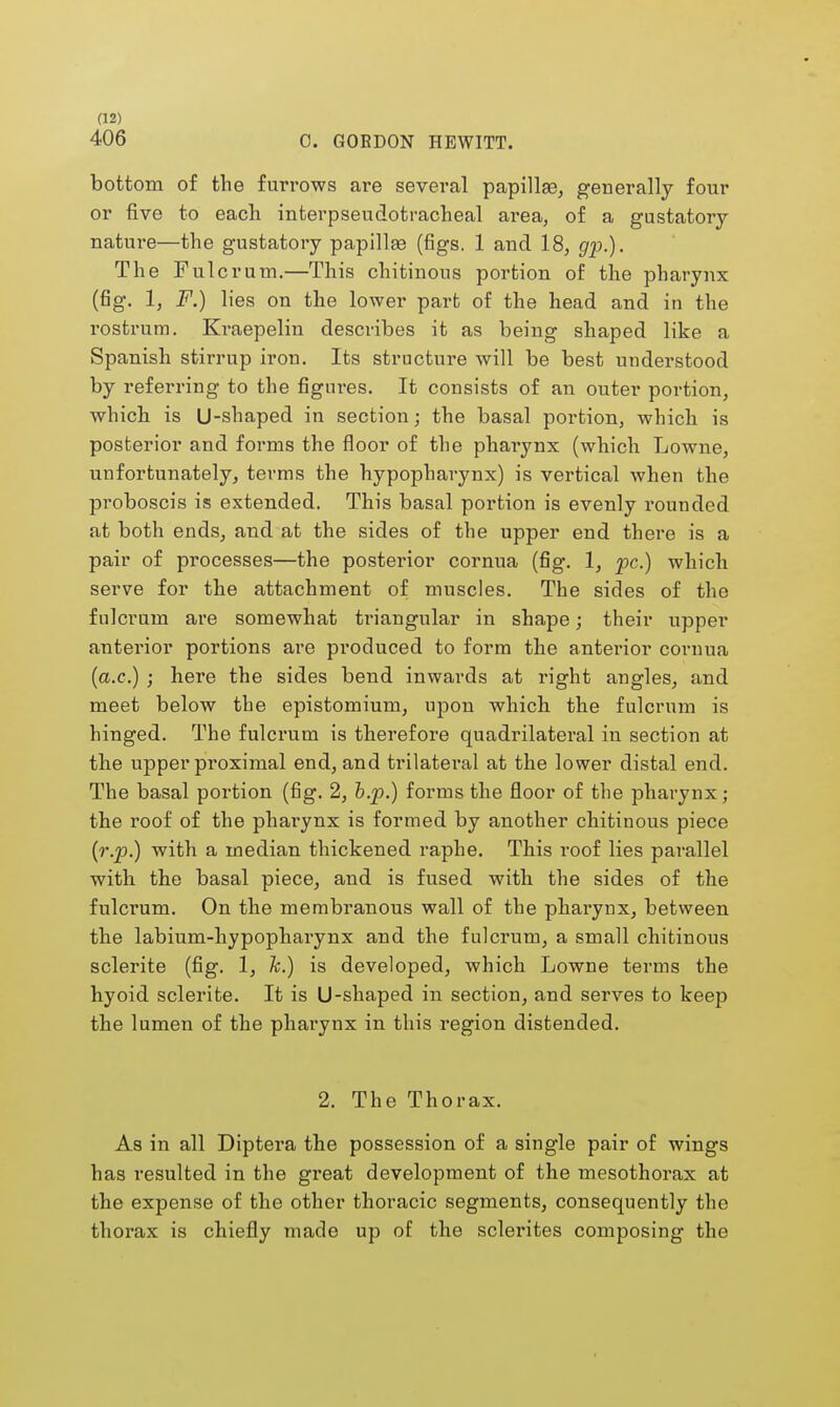 406 0. GORDON HEWITT. bottom of the furrows are several papillae, generally four or five to each interpseudotracheal area, of a gustatory- nature—the gustatory papillae (figs. 1 and 18, gp.). The Fulcrum.—This chitinous portion of the pharynx (fig. 1, F.) lies on the lower part of the head and in the rostrum. Kraepelin describes it as being shaped like a Spanish stirrup iron. Its structure will be best understood by referring to the figures. It consists of an outer portion, which is U-shaped in section; the basal portion, which is posterior and forms the floor of the pharynx (which Lowne, unfortunately, terms the hypopharynx) is vertical when the proboscis is extended. This basal portion is evenly rounded at both ends, and at the sides of the upper end there is a pair of processes—the posterior cornua (fig. 1, pc.) which serve for the attachment of muscles. The sides of the fulcrum are somewhat triangular in shape; their upper anterior portions are produced to form the anterior cornua (a.c.) ; here the sides bend inwards at right angles, and meet below the epistomium, upon which the fulcrum is hinged. The fulcrum is therefore quadrilateral in section at the upper proximal end, and trilateral at the lower distal end. The basal portion (fig. 2, h.p.) forms the floor of the pharynx; the roof of the pharynx is formed by another chitinous piece (r.p.) with a median thickened raphe. This roof lies parallel with the basal piece, and is fused with the sides of the fulcrum. On the membranous wall of the pharynx, between the labium-hypopharynx and the fulcrum, a small chitinous sclerite (fig. 1, k.) is developed, which Lowne terms the hyoid sclerite. It is U-shaped in section, and serves to keep the lumen of the pharynx in this region distended. 2. The Thorax. As in all Diptera the possession of a single pair of wings has resulted in the great development of the mesothorax at the expense of the other thoracic segments, consequently the thorax is chiefly made up of the sclerites composing the