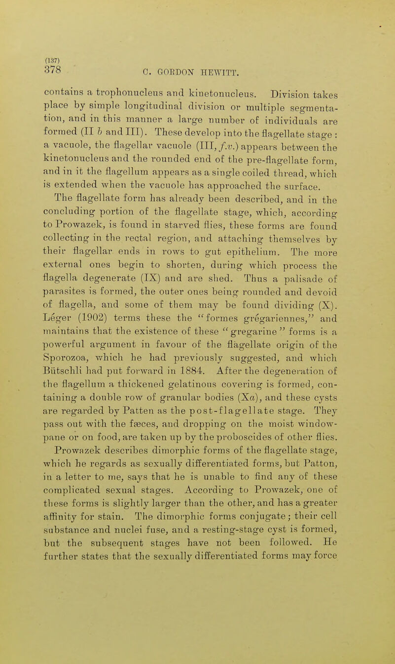 378 0. GORDON HEWITT. contains a trophonucleus and kinetonucleus. Division takes place by simple longitudinal division or multiple segmenta- tion, and in this manner a large number of: individuals are formed (II b and III). These develop into the flagellate stage : a vacuole, the flagellar vacuole (III,/.v.) appears between the kinetonucleus and the rounded end of the pre-flagellate form, and in it the flagellum appears as a single coiled thread, which is extended when the vacuole has approached the surface. The flagellate form has already been described, and in the concluding portion of the flagellate stage, which, according to Prowazek, is found in starved flies, these forms are found collecting in the rectal region, and attaching themselves by their flagellar ends in rows to gut epithelium. The more external ones begin to shorten, during which process the flagella degenerate (IX) and are shed. Thus a palisade of parasites is formed, the outer oues being rounded and devoid of flagella, and some of them may be found dividing (X). Leger (1902) terms these the formes gregariennes, and maintains that the existence of these gregarine forms is a powerful argument in favour of the flagellate origin of the Sporozoa, which he had previously suggested, and which Biitschli had put forward in 1884. After the degeneration of the flagellum a thickened gelatinous covering is formed, con- taining a double row of granular bodies (Xa), and these cysts are regarded by Patten as the post-flagellate stage. They pass out with the fasces, and dropping on the moist window- pane or on food, are taken up by the proboscides of other flies. Prowazek describes dimorphic forms of the flagellate stage, which he regards as sexually differentiated forms, but Patton, in a letter to me, says that he is unable to find any of these complicated sexual stages. According to Prowazek, one of these forms is slightly larger than the other, and has a greater affinity for stain. The dimorphic forms conjugate; their cell substance and nuclei fuse, and a resting-stage cyst is formed, but the subsequent stages have not been followed. He further states that the sexually differentiated forms may force