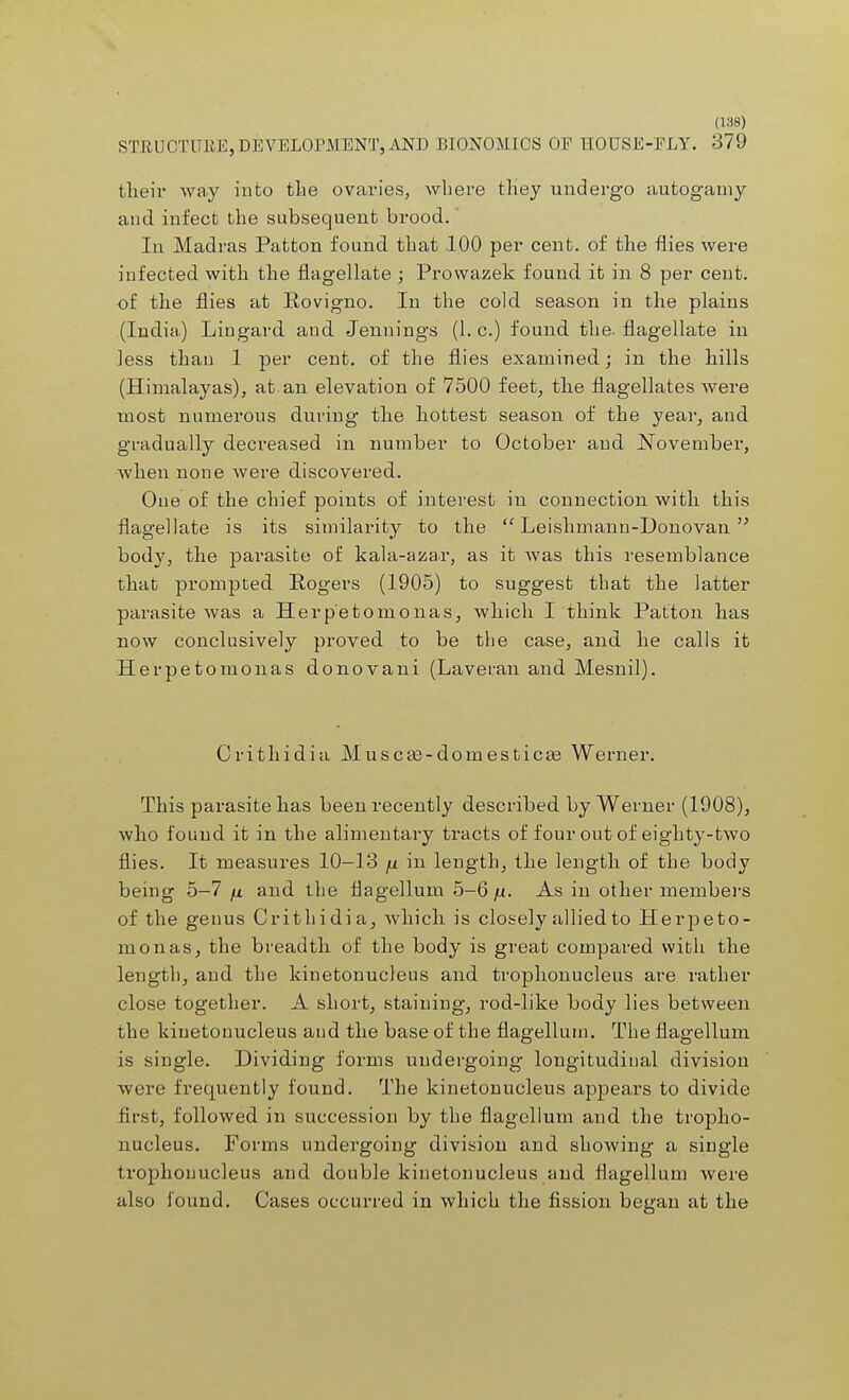 STRUCTURE, DEVELOPMENT, AND BIONOMICS OF HOUSE-ELY. 379 their way into the ovaries, where they undergo autogamy and infect the subsequent brood.' In Madras Patton found that 100 per cent, of the flies were infected with the flagellate ; Provvazek found it in 8 per cent, of the flies at Rovigno. In the cold season in the plains (India) Lingard and Jennings (I.e.) found the. flagellate in less than 1 per cent, of the flies examined; in the hills (Himalayas), at an elevation of 7500 feet, the flagellates were most numerous during the hottest season of the year, and gradually decreased in number to October and November, when none were discovered. One of the chief points of interest in connection with this flagellate is its similarity to the  Leishmann-Donovan  bod}r, the parasite of kala-azar, as it was this resemblance that prompted Rogers (1905) to suggest that the latter parasite was a Herp'etomonas, which I think Patton has now conclusively proved to be the case, and he calls it Herpetomonas donovani (Laveran and Mesnil). Crithidia Muscas-doniesticas Werner. This parasite has been recently described by Werner (1908), who found it in the alimentary tracts of four out of eighty-two flies. It measures 10-13 fx in length, the length of the body being 5—7 fx and the flagellum 5-6 ju. As in other members of the genus Crithidia, which, is closely allied to Herpeto- monas, the breadth of the body is great compared with the length, and the kinetonucleus and trophonucleus are rather close together. A short, staining, rod-like body lies between the kinetonucleus and the base of the flagellum. The flagellum is single. Dividing forms undergoing longitudinal division were frequently found. The kinetonucleus appears to divide first, followed in succession by the flagellum and the tropho- nucleus. Forms undergoing division and showing a single trophonucleus and double kinetonucleus and flagellum were also found. Cases occurred in which the fission began at the