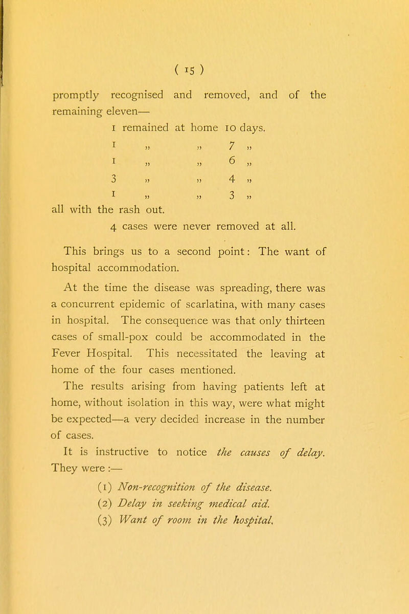 promptly recognised and removed, and of the remaining eleven— I remained at home 10 days. i » » 7 » ^ » » ^ i) 3 » » 4 i) ' » >j 3 » all with the rash out. 4 cases were never removed at all. This brings us to a second point: The want of hospital accommodation. At the time the disease was spreading, there was a concurrent epidemic of scarlatina, with many cases in hospital. The consequence was that only thirteen cases of small-pox could be accommodated in the Fever Hospital. This necessitated the leaving at home of the four cases mentioned. The results arising from having patients left at home, without isolation in this way, were what might be expected—a very decided increase in the number of cases. It is instructive to notice the causes of delay. They were :— (1) Non-recognition of the disease. (2) Delay in seeking medical aid. (3) Want of room in the hospital.