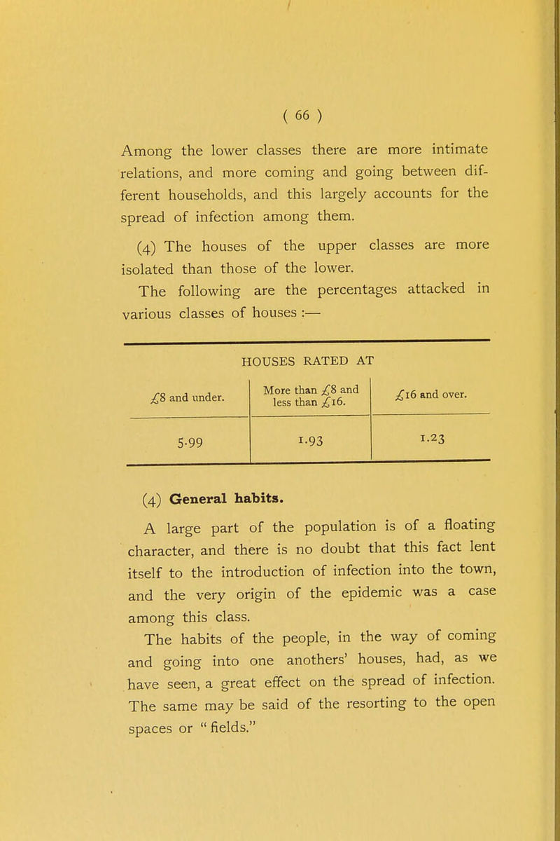 Among the lower classes there are more intimate relations, and more coming and going between dif- ferent households, and this largely accounts for the spread of infection among them. (4) The houses of the upper classes are more isolated than those of the lower. The following are the percentages attacked in various classes of houses :— HOUSES RATED AT £?> and under. More than £8 and less than £16. £16 and over. 5-99 i-93 I.23 (4) General habits. A large part of the population is of a floating character, and there is no doubt that this fact lent itself to the introduction of infection into the town, and the very origin of the epidemic was a case among this class. The habits of the people, in the way of coming and going into one anothers' houses, had, as we have seen, a great effect on the spread of infection. The same may be said of the resorting to the open spaces or  fields.