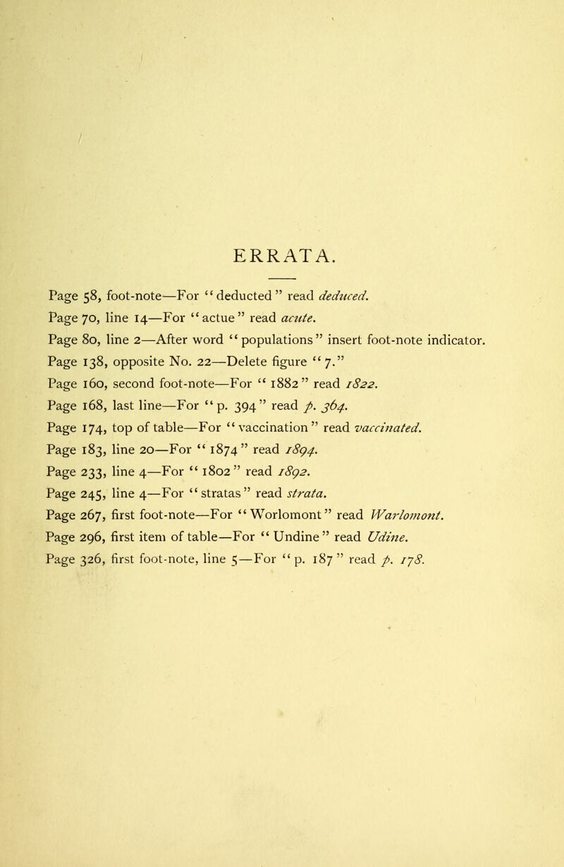 ERRATA. Page 58, foot-note—For deducted read deduced. Page 70, line 14—For actue read acute. Page 80, line 2—After word populations insert foot-note indicator. Page 138, opposite No. 22—Delete figure 7. Page 160, second foot-note—For  1882 read 1822. Page 168, last line—For p. 394 read p. 364. Page 174, top of table—For vaccination read vaccinated. Page 183, line 20—For  1874  read 1894. Page 233, line 4—For  1802 read i8g2. Page 245, line 4—For stratas read strata. Page 267, first foot-note—For  Worlomont read Warloviont. Page 296, first item of table—For  Undine read Udine. Page 326, first foot-note, line 5—For  p. 187  read p. 178.