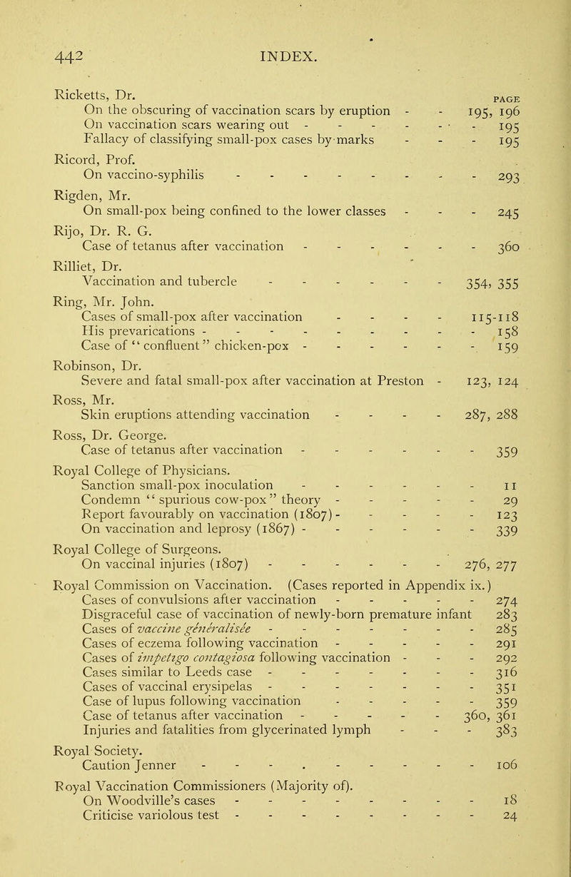 Ricketts, Dr. On the obscuring of vaccination scars by eruption - On vaccination scars wearing out - - - - Fallacy of classifying small-pox cases by marks 195, 196 ■ 195 - 195 PAGE Ricord, Prof. On vaccino-syphilis 293 Rigden, Mr. On small-pox being confined to the lower classes - - - 245 Rijo, Dr. R. G. Case of tetanus after vaccination 360 Rilliet, Dr. Vaccination and tubercle ...... ^S4> 355 Ring, Mr. John. Cases of small-pox after vaccination .... 115-118 His prevarications - - - - - - • - -158 Case of  confluent chicken-pox 159 Robinson, Dr. Severe and fatal small-pox after vaccination at Preston - 123, 124 Ross, Mr. Skin eruptions attending vaccination .... 287, 288 Ross, Dr. George. Case of tetanus after vaccination ------ 359 Royal College of Physicians. Sanction small-pox inoculation - - - - . - 11 Condemn  spurious cow-pox  theory ----- 29 Keport favourably on vaccination (1807) - - - - - 123 On vaccination and leprosy (1867) ------ 339 Royal College of Surgeons. On vaccinal injuries (1807) ------ 276, 277 Royal Commission on Vaccination. (Cases reported in Appendix ix.) Cases of convulsions after vaccination ----- 274 Disgraceful case of vaccination of newly-born premature infant 283 Cases of vaccine generalisee - - - - - 285 Cases of eczema following vaccination - - - - - 291 Cases of impetigo contagiosa following vaccination - - - 292 Cases similar to Leeds case - - - - - - - 316 Cases of vaccinal erysipelas - - - - - - 351 Case of lupus following vaccination - - - - 359 Case of tetanus after vaccination ----- 360, 361 Injuries and fatalities from glycerinated lymph - - - 383 Royal Society. Caution Jenner - - - . - - - - - 106 Poyal Vaccination Commissioners (Majority of). On Woodville's cases - - - - - - - - 18 Criticise variolous test -------- 24