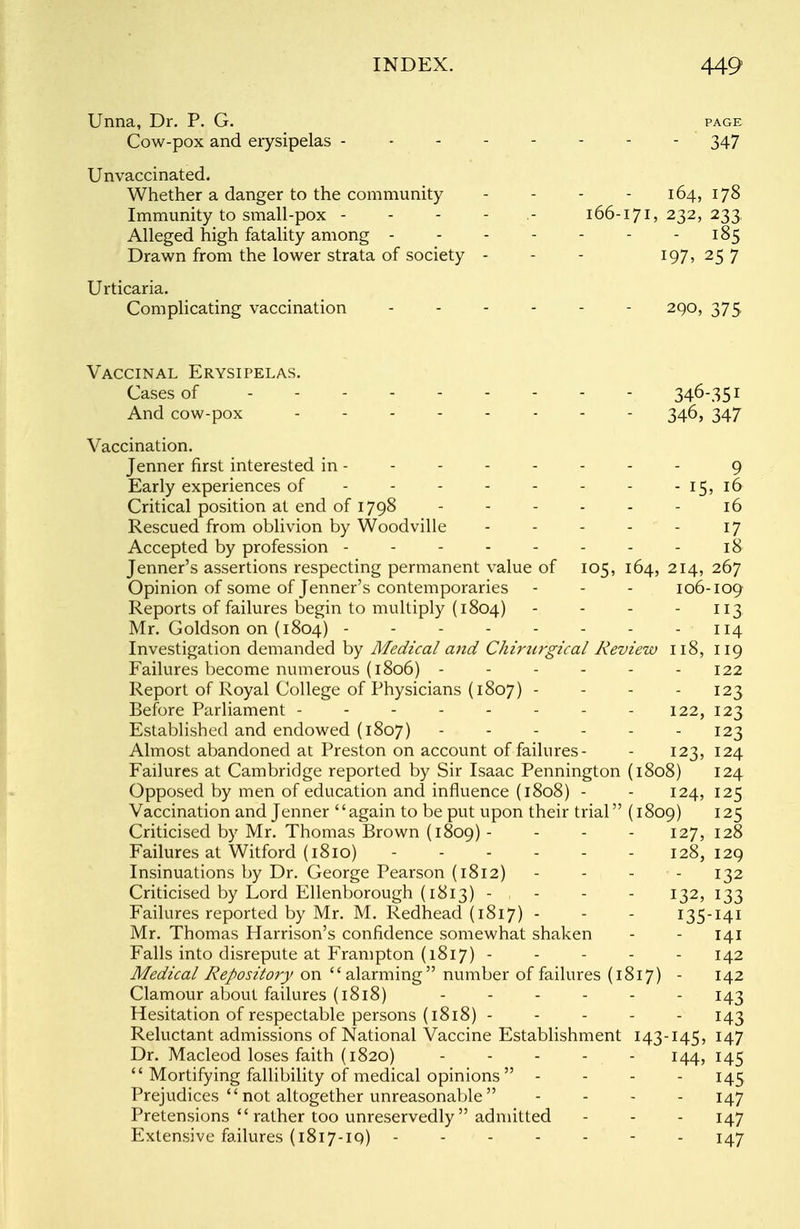 Unna, Dr. P. G. page Cow-pox and erysipelas 347 Unvaccinated. Whether a danger to the community ... - 164, 178 Immunity to small-pox 166-171,232,233, Alleged high fatality among - - - - - - -185 Drawn from the lower strata of society - - - 197,257 Urticaria. Complicating vaccination - 290, 375 Vaccinal Erysipelas. Cases of 346-351 And cow-pox 346, 347 Vaccination. Jenner first interested in ------- 9 Early experiences of - - - - - - - - 15, 16 Critical position at end of 1798 - - - - - - 16 Rescued from oblivion by Woodville - - - - - 17 Accepted by profession - - - - - - - - 18 Jenner's assertions respecting permanent value of 105, 164, 214, 267 Opinion of some of Tenner's contemporaries - - - 106-109 Reports of failures begin to multiply (1804) - - - - 113 Mr. Gold son on (1804) 114 Investigation demanded by Medical and Chirurgical Review 118, 119 Failures become numerous (1806) ------ 122 Report of Royal College of Physicians (1807) - 123 Before Parliament -------- 122, 123 Established and endowed (1807) 123 Almost abandoned at Preston on account of failures- - 123, 124 Failures at Cambridge reported by Sir Isaac Pennington (1808) 124 Opposed by men of education and influence (1808) - - 124, 125 Vaccination and Jenner again to be put upon their trial (1809) 125 Criticised by Mr. Thomas Brown (1809) - 127, 128 Failures at Witford (1810) - 128,129 Insinuations by Dr. George Pearson (1812) - - - - 132 Criticised by Lord Ellenborough (1813) - , - - - 132, 133 Failures reported by Mr. M. Redhead (1817) - - - 135-141 Mr. Thomas Harrison's confidence somewhat shaken - - 141 Falls into disrepute at Frampton (1817) ----- 142 Medical Repository on alarming number of failures (1817) - 142 Clamour about failures (1818) 143 Hesitation of respectable persons (1818) ----- 143 Reluctant admissions of National Vaccine Establishment 143-145, 147 Dr. Macleod loses faith (1820) - - - - 144, 145  Mortifying fallibility of medical opinions  - 145 Prejudices  not altogether unreasonable - 147 Pretensions  rather too unreservedly admitted - - - 147 Extensive failures (1817-iq) - 147