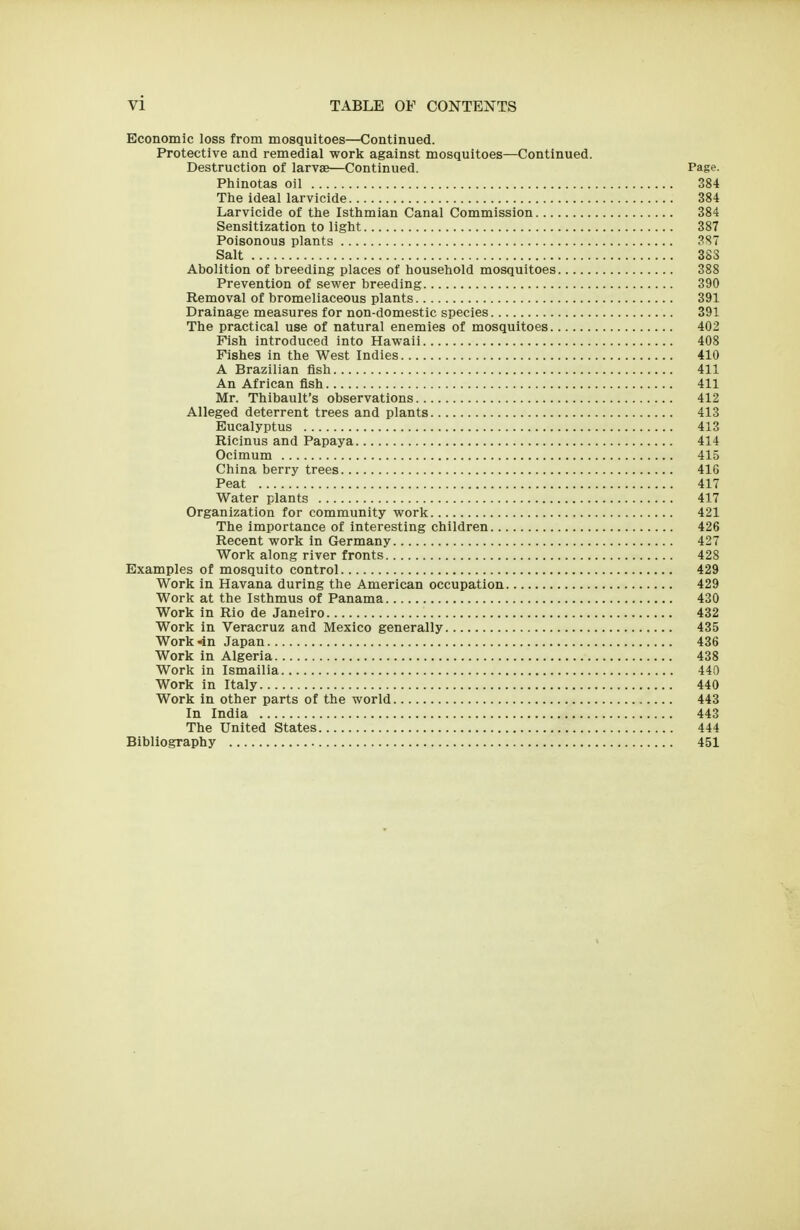 Economic loss from mosquitoes—Continued. Protective and remedial work against mosquitoes—Continued. Destruction of larvae—Continued. Page. Phinotas oil 384 The ideal larvicide 384 Larvicide of the Isthmian Canal Commission 384 Sensitization to light 387 Poisonous plants 387 Salt 388 Abolition of breeding places of household mosquitoes 388 Prevention of sewer breeding 390 Removal of bromeliaceous plants 391 Drainage measures for non-domestic species 391 The practical use of natural enemies of mosquitoes 402 Fish introduced into Hawaii 408 Fishes in the West Indies 410 A Brazilian fish 411 An African fish 411 Mr. Thibault's observations 412 Alleged deterrent trees and plants 413 Eucalyptus 413 Ricinus and Papaya 414 Ocimum 415 China berry trees 416 Peat 417 Water plants 417 Organization for community work 421 The importance of interesting children 426 Recent work in Germany 427 Work along river fronts 428 Examples of mosquito control 429 Work in Havana during the American occupation 429 Work at the Isthmus of Panama 430 Work in Rio de Janeiro 432 Work in Veracruz and Mexico generally 435 Work-an Japan 436 Work in Algeria 438 Work in Ismailia 440 Work in Italy 440 Work in other parts of the world 443 In India 443 The United States 444 Bibliography 451