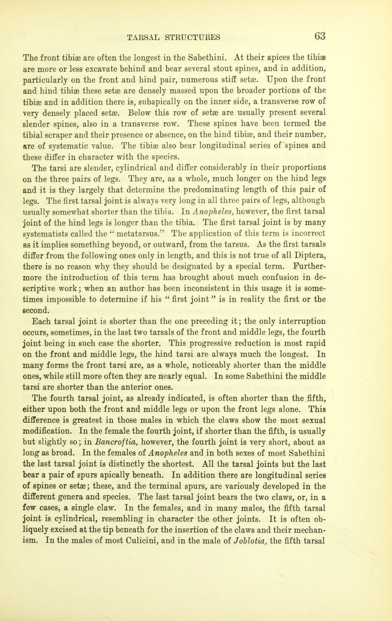 The front tibis are often the longest in the Sabethini. At their apices the tibiae are more or less excavate behind and bear several stout spines, and in addition, particularly on the front and hind pair, numerous stiff setse. Upon the front and hind tibiae these setse are densely massed upon the broader portions of the tibi^ and in addition there is, subapically on the inner side, a transverse row of very densely placed setae. Below this row of setae are usually present several slender spines, also in a transverse row. These spines have been termed the tibial scraper and their presence or absence, on the hind tibiae, and their number, are of systematic value. The tibiae also bear longitudinal series of spines and these differ in character with the species. The tarsi are slender, cylindrical and differ considerably in their proportions on the three pairs of legs. They are, as a whole, much longer on the hind legs and it is they largely that determine the predominating length of this pair of legs. The first tarsal joint is always very long in all three pairs of legs, although usually somewhat shorter than the tibia. In Anopheles, however, the first tarsal joint of the hind legs is longer than the tibia. The first tarsal joint is by many systematists called the  metatarsus. The application of this term is incorrect as it implies something beyond, or outward, from the tarsus. As the first tarsals differ from the following ones only in length, and this is not true of all Diptera, there is no reason why they should be designated by a special term. Further- more the introduction of this term has brought about much confusion in de- scriptive work; when an author has been inconsistent in this usage it is some- times impossible to determine if his  first joint is in reality the first or the second. Each tarsal joint is shorter than the one preceding it; the only interruption occurs, sometimes, in the last two tarsals of the front and middle legs, the fourth joint being in such case the shorter. This progressive reduction is most rapid on the front and middle legs, the hind tarsi are always much the longest. In many forms the front tarsi are, as a whole, noticeably shorter than the middle ones, while still more often they are nearly equal. In some Sabethini the middle tarsi are shorter than the anterior ones. The fourth tarsal joint, as already indicated, is often shorter than the fiith, either upon both the front and middle legs or upon the front legs alone. This difference is greatest in those males in which the claws show the most sexual modification. In the female the fourth joint, if shorter than the fifth, is usually but slightly so; in Bancroftia, however, the fourth joint is very short, about as long as broad. In the females of Anopheles and in both sexes of most Sabethini the last tarsal joint is distinctly the shortest. All the tarsal joints but the last bear a pair of spurs apically beneath. In addition there are longitudinal series of spines or setse; these, and the terminal spurs, are variously developed in the different genera and species. The last tarsal joint bears the two claws, or, in a few cases, a single claw. In the females, and in many males, the fifth tarsal joint is cylindrical, resembling in character the other joints. It is often ob- liquely excised at the tip beneath for the insertion of the claws and their mechan- ism. In the males of most Culicini, and in the male of Johlotia, the fifth tarsal