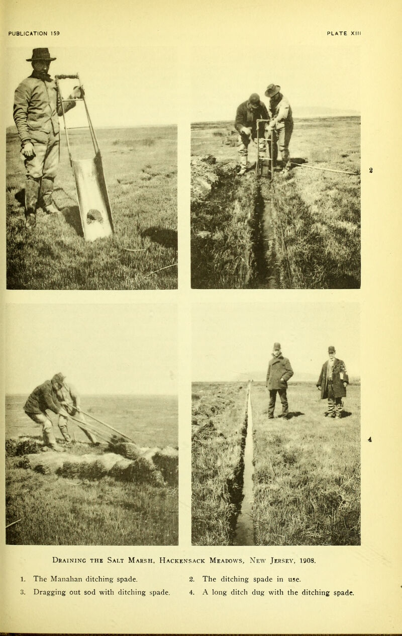 Dkaininc the Salt Marsh, Hackensack Meadows, New Jersey, 1908. 1. The Manahan ditching spade. 2. The ditching spade in use.