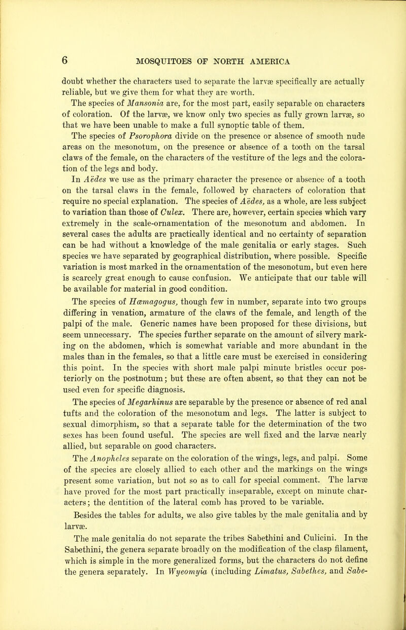 doubt whether the characters used to separate the larvae specifically are actually reliable, but we give them for what they are worth. The species of Mansonia are, for the most part, easily separable on characters of coloration. Of the larvae, we know only two species as fully grown larvse, so that we have been unable to make a full synoptic table of them. The species of Psorophora divide on the presence or absence of smooth nude areas on the mesonotum, on the presence or absence of a tooth on the tarsal claws of the female, on the characters of the vestiture of the legs and the colora- tion of the legs and body. In Aedes we use as the primary character the presence or absence of a tooth on the tarsal claws in the female, followed by characters of coloration that require no special explanation. The species of Aedes, as a whole, are less subject to variation than those of Culex. There are, however, certain species which vary extremely in the scale-ornamentation of the mesonotum and abdomen. In several cases the adults are practically identical and no certainty of separation can be had without a knowledge of the male genitalia or early stages. Such species we have separated by geographical distribution, where possible. Specific variation is most marked in the ornamentation of the mesonotum, but even here is scarcely great enough to cause confusion. We anticipate that our table will be available for material in good condition. The species of Hoemagogus, though few in number, separate into two groups differing in venation, armature of the claws of the female, and length of the palpi of the male. Generic names have been proposed for these divisions, but seem unnecessary. The species further separate on the amount of silvery mark- ing on the abdomen, which is somewhat variable and more abundant in the males than in the females, so that a little care must be exercised in considering this point. In the species with short male palpi minute bristles occur pos- teriorly on the postnotum; but these are often absent, so that they can not be used even for specific diagnosis. The species of Megarhinus are separable by the presence or absence of red anal tufts and the coloration of the mesonotum and legs. The latter is subject to sexual dimorphism, so that a separate table for the determination of the two sexes has been found useful. The species are well fixed and the larvae nearly allied, but separable on good characters. The Anopheles separate on the coloration of the wings, legs, and palpi. Some of the species are closely allied to each other and the markings on the wings present some variation, but not so as to call for special comment. The larvae have proved for the most part practically inseparable, except on minute char- acters; the dentition of the lateral comb has proved to be variable. Besides the tables for adults, we also give tables by the male genitalia and by larvae. The male genitalia do not separate the tribes Sabethini and Culicini. In the Sabethini, the genera separate broadly on the modification of the clasp filament, which is simple in the more generalized forms, but the characters do not define the genera separately. In Wyeomyia (including Limatus, Sabethes, and 8ahe-