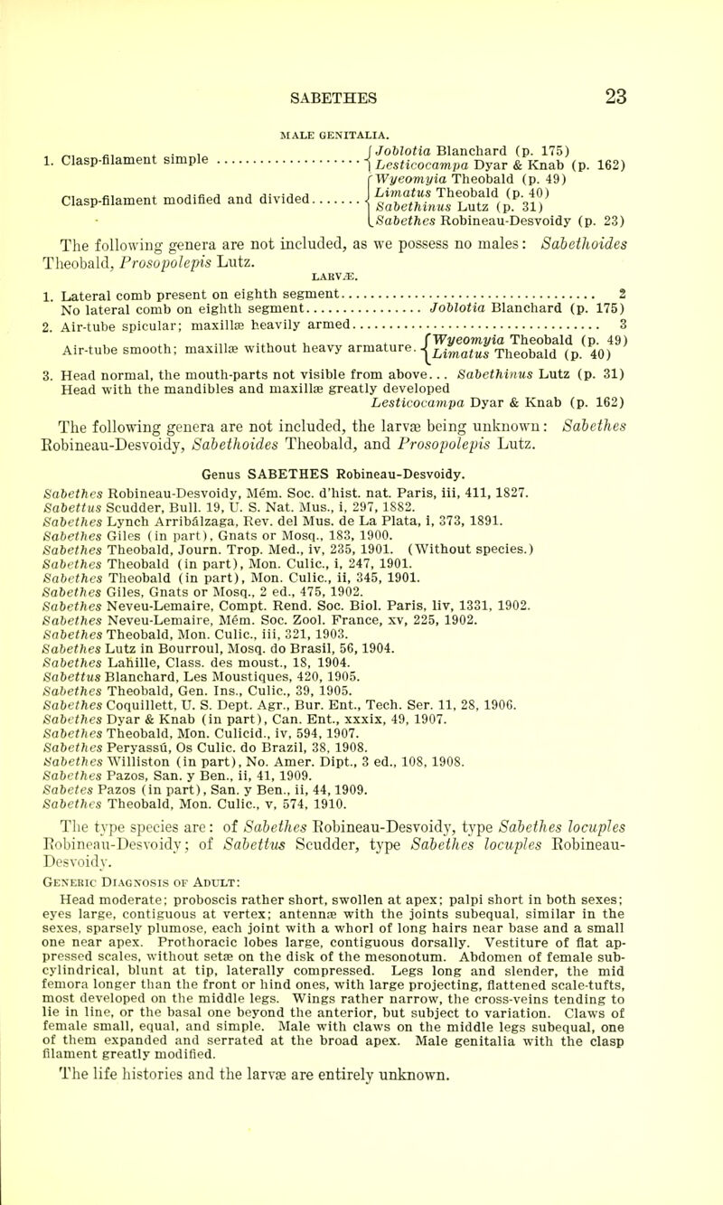 MALE GENITALIA. „, ^, i . , I Joblotia Blanchavd (p. 175) 1. Clasp-filament simple Lesticocampa Dyar & Knab (p. 162) 1Wyeomyia Theob&M (p. 49) Sabethes Robineau-Desvoidy (p. 23) The following genera are not included, as we possess no males: Sabethoides Theobald, Prosopolepis Lutz. LABV/E. 1. Lateral comb present on eighth segment 2 No lateral comb on eighth segment Joblotia Blanchard (p. 175) 2. Air-tube spicular; maxillse heavily armed 3 . , t CWyeomyia Theobald (p. 49) Air-tube smooth; maxilte without heavy armature, j^.^^^ J ^j^^^^^^^^ ^p^^^^ 3. Head normal, the mouth-parts not visible from above... Sabethinus Lutz (p. 31) Head with the mandibles and maxillae greatly developed Lesticocampa Dyar & Knab (p. 162) The following genera are not included, the larvae being unknown: Sabethes Eobineau-Desvoidy, Sabethoides Theobald, and Prosopolepis Lutz, Genus SABETHES Robineau-Desvoidy. Sabethes Robineau-Desvoidy, Mem. Soc. d'hist. nat. Paris, iii, 411, 1827. Sabettus Scudder, Bull. 19, U. S. Nat. Mus., i, 297,1882. Sabethes Lynch Arribfilzaga, Rev. del Mus. de La Plata, i, 373, 1891. Sabethes Giles (in part), Gnats or Mosq., 183, 1900. Sabethes Theobald, Journ. Trop. Med., iv, 235, 1901. (Without species.) Sabethes Theobald (in part), Mon. Culic, 1, 247, 1901. Sabethes Theobald (in part), Mon. Culic, ii, 345, 1901. Sabethes Giles, Gnats or Mosq., 2 ed., 475, 1902. Sabethes Neveu-Lemaire, Compt. Rend. Soc. Biol. Paris, liv, 1331, 1902. Sabethes Neveu-Lemaire, Mem. Soc. Zool. France, xv, 225, 1902. Sabethes Theobald, Mon. Culic, iii, 321, 1903. Sabethes Lutz in Bourroul, Mosq. do Brasil, 56,1904. Sabethes Lahille, Class, des moust., 18, 1904. Sabettus Blanchard, Les Moustiques, 420, 1905. Sabethes Theobald, Gen. Ins., Culic, 39, 1905. Sabethes Coquillett, U. S. Dept. Agr., Bur. Ent., Tech. Ser. 11, 28, 1906. Sabethes Dyar & Knab (in part). Can. Ent, xxxix, 49, 1907. Sabethes Theobald, Mon. Culicid., iv, 594,1907. Sabethes Peryassu, Os Culic. do Brazil, 38, 1908. «abe«?!es Williston (in part), No. Amer. Dipt., 3 ed., 108, 1908. Sabethes Pazos, San. y Ben., ii, 41, 1909. Sabetes Pazos (in part), San. y Ben., ii, 44,1909. Sabethes Theobald, Mon. Culic, v, 574, 1910. The type species are: of Sabethes Robineau-Desvoidy, type Sabethes locuples Eobineau-Desvoidy; of Sabettus Scudder, type Sabethes locuples Robineau- Desvoidy. Generic Diagnosis of Adlxt: Head moderate; proboscis rather short, swollen at apex; palpi short in both sexes; eyes large, contiguous at vertex; antennae with the joints subequal, similar in the sexes, sparsely plumose, each joint with a whorl of long hairs near base and a small one near apex. Prothoracic lobes large, contiguous dorsally. Vestiture of flat ap- pressed scales, without setae on the disk of the mesonotum. Abdomen of female sub- cylindrical, blunt at tip, laterally compressed. Legs long and slender, the mid femora longer than the front or hind ones, with large projecting, flattened scale-tufts, most developed on the middle legs. Wings rather narrow, the cross-veins tending to lie in line, or the basal one beyond the anterior, but subject to variation. Claws of female small, equal, and simple. Male with claws on the middle legs subequal, one of them expanded and serrated at the broad apex. Male genitalia with the clasp filament greatly modified. The life histories and the larvje are entirely unknown.