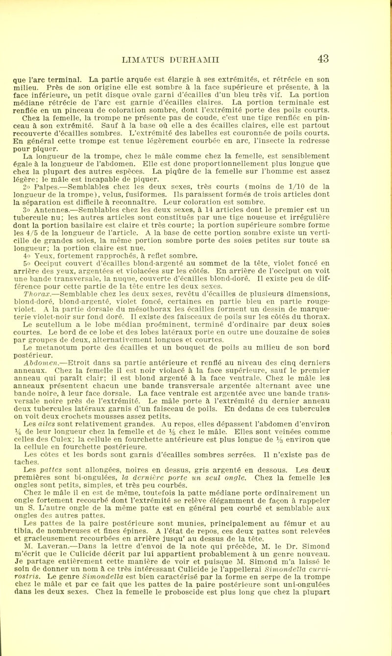que Tare terminal. La partie arqu6e est Slargie a ses extremitfis, et retr6cie en son milieu. Pr6s de son origine elle est sombre 9, la face sup4rieure et presente, h la face inferieure, un petit disque ovale garni d'ecailles d'un bleu tres vif. La portion mediane retrecie de Tare est garnie d'ecailles claires. La portion terminale est renflee en un pinceau de coloration sombre, dont I'extremite porte des polls courts. Chez la femelle, la trompe ne presente pas de coude, c'est une tige renflee en pin- ceau a son extrgmite. Sauf k la base oil elle a des ecailles claires, elle est partout recouverte d'ecailles sombres. L'extremite des labelles est couronnee de polls courts. En general cette trompe est tenue legdrement courbee en arc, I'insecte la redresse pour piquer. La longueur de la trompe, chez le male comme chez la femelle, est sensiblement §gale a, la longueur de I'abdomen. Elle est done proportionnellement plus longue que chez la plupart des autres especes. La piqQre de la femelle sur I'homme est assez 16g6re; le male est incapable de piquer. 2 Palpes.—Semblables chez les deux sexes, tr6s courts (moins de 1/10 de la longueur de la trompe), veins, fusiformes. lis paraissent formes de trois articles dont la separation est difficile k reconnaitre. Leur coloration est sombre. 3o Antennes.—Semblables chez les deux sexes, k 14 articles dont le premier est un tubercule nu; les autres articles sont constitues par une tige noueuse et irreguliere dont la portion basilaire est claire et tres courte; la portion superieure sombre forme les 4/5 de la longueur de I'article. A la base de cette portion sombre existe un verti- cille de grandes soies, la meme portion sombre porte des soles petites sur toute sa longueur; la portion claire est nue. 4o Yeux, fortement rapproches, h reflet sombre. 5o Occiput convert d'ecailles blond-argente au sommet de la tete, violet fence en arriSre des yeux, argent^es et violacees sur les cotes. En arriere de I'occiput on voit une bande transversale, la nuque, couverte d'ecailles blond-dore. II existe peu de dif- ference pour cette partie de la tete entre les deux sexes. Thorax.—Semblable chez les deux sexes, revetu d'ecailles de plusieurs dimensions, blond-dore, blond-argente, violet fence, certaines en partie bleu en partie rouge- violet. A la partie dorsale du mesothorax les ecailles torment un dessin de marque- terie violct-noir sur fond dore. II e.xiste des faisceaux de poils sur les cotes du thorax. Le scutellum a le lobe median proeminent, termine d'ordinaire par deux soies courtes. Le bord de ce lobe et des lobes lateraux porte en outre une douzaine de soies par groupes de deux, alternativement longues et courtes. Le metanotum porte des ecailles et un bouquet de poils au milieu de son bord postgrieur. Abdomen.—Etroit dans sa partie anterieure et renfle au niveau des cinq demiers anneaux. Chez la femelle il est noir violacS a la face superieure, sauf le premier anneau qui parait clair: il est blond argente a la face ventrale. Chez le male les anneaux presentent chacun une bande transversale argentee alternant avec une bande noire, a leur face dorsale. La face ventrale est argentee avec une bande trans- vi r.sale noire pr6s de l'extremite. Le male porte S, l'extremite du dernier anneau deux tubercules lateraux garnis d'un faisceau de poils. En dedans de ces tubercules on voit deux crochets mousses assez petits. Les aUes sont relativement grandes. Au repos. elles depassent I'abdomen d'environ ^4 de leur longueur chez la femelle et de % chez le male. Elles sont veinees comme celles des Culex; la cellule en fourchette anterieure est plus longue de % environ que la cellule en fourchette posterieure. Les cotes et les bords sont garnis d'ecailles sombres serrees. II n'existe pas de taches. Les pattes sont allongees, noires en dessus, gris argents en dessous. Les deux premieres sont bi-ongulees, la dernirre porte un seul ongle. Chez la femelle les ongles sont petits, simples, et tr6s peu courbes. Chez le male il en est de meme, toutefois la patte mediane porte ordinairement un ongle fortement recourbS dont l'extremite se releve elegamment de fagon a rappeler un S. L'autre ongle de la meme patte est en general peu courbe et semblable aux ongles de.-^ autres pattes. Los pattes de la paire postgrieure sont munies, principalement au femur et au tibia, de nombreuses et fines epines. A I'Stat de repos, ces deux pattes sont relevees et gracleusement recourb^es en arriere jusqu' au dessus de la tete. M. Laveran.—Dans la lettre d'envoi de la note qui precfede, M. le Dr. Simond m'ecrit que le Culicide d6crit par lui appartient probablement a un genre nouveau. Je partage enticremcnt cette maniere de voir et puisque M. Simond m'a laisse le soln de donner un nom a ce tr&s interessant Culicide je I'appellerai Simondella curvi- rostiis. Le genre Simondella est bleu caracterise par la forme en serpe de la trompe chez le male et par ce fait que les pattes de la paire posterieure sont uni-ongulges dans les deux sexes. Chez la femelle le proboscide est plus long que chez la plupart