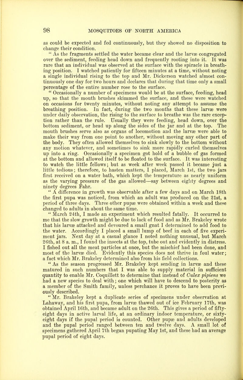 as could be expected and fed continuously, but they showed no disposition to change their condition. As the fragments settled the water became clear and the larvag congregated over the sediment, feeding head down and frequently rooting into it. It was rare that an individual was observed at the surface with the spiracle in breath- ing position. I watched patiently for fifteen minutes at a time, without noting a single individual rising to the top and Mr. Dickerson watched almost con- tinuously one day for two hours and declares that during that time only a small percentage of the entire number rose to the surface. Occasionally a number of specimens would be at the surface, feeding, head up, so that the mouth brushes skimmed the surface, and these were watched on occasions for twenty minutes, without noting any attempt to assume the breathing position. In fact, during the two months that these larvae were under daily observation, the rising to the surface to breathe was the rare excep- tion rather than the rule. Usually they were feeding, head down, over the bottom sediment, or head up along the sides of the jar and at the top. The mouth brushes serve also as organs of locomotion and the larvae were able to make their way from one point to another, without moving any other part of the body. They often allowed themselves to sink slowly to the bottom without any motion whatever, and sometimes to sink more rapidly curled themselves up into a ring. Occasionally a specimen got hold of a bubble of gas formed at the bottom and allowed itself to be floated to the surface. It was interesting to watch the little fellows; but as week after week passed it became just a little tedious; therefore, to hasten matters, I placed, March 1st, the two jars first received on a water bath, which kept the temperature as nearly uniform as the varying pressure of the gas allowed—say between eighty degrees and ninety degrees Fahr. A difl'erence in growth was observable after a few days and on March 18th the first pupa was noticed, from which an adult was produced on the 21st, a period of three days. Three other pupae were obtained within a week and these changed to adults in about the same time. March 24th, I made an experiment which resulted fatally. It occurred to me that the slow growth might be due to lack of food and as Mr. Brakeley wrote that his larvae attacked and devoured a small gnat I determined to add food to the water. Accordingly I placed a small lump of beef in each of five experi- ment jars. Next day at a casual glance I noted nothing unusual, but March 26th, at 8 a. m., I found the insects at the top, tube out and evidently in distress. I fished out all the meat particles at once, but the mischief had been done, and most of the larvae died. Evidently this species does not thrive in foul water; a fact which Mr. Brakeley determined also from his field collections. As the season progressed Mr. Brakeley kept sending in larvae and these matured in such numbers that I was able to supply material in suflBcient quantity to enable Mr. Coquillett to determine that instead of Culex pipiens we had a new species to deal with; one which will have to descend to posterity as a member of the Smith family, unless perchance it proves to have been previ- ously described. Mr. Brakeley kept a duplicate series of specimens under observation at Lahaway, and his first pupa, from larvae thawed out of ice February 17th, was obtained April 16th, and became adult on the 26th. This gives a period of fifty- eight days in active larval life, at an ordinary indoor temperature, or sixty- eight days if the pupal period is counted. Other pupae and adults developed and the pupal period ranged between ten and twelve days. A small lot of specimens gathered April 7th began pupating May 1st, and these had an average pupal period of eight days.