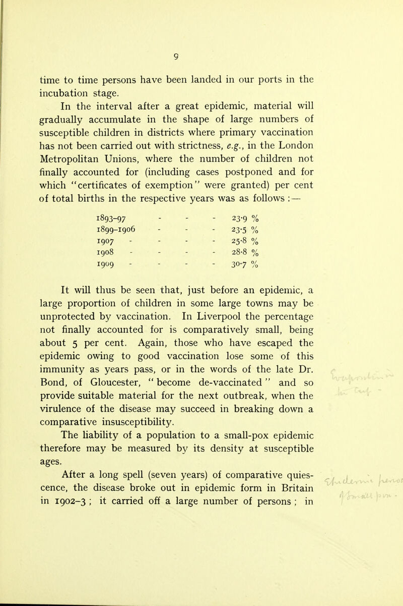 time to time persons have been landed in our ports in the incubation stage. In the interval after a great epidemic, material will gradually accumulate in the shape of large numbers of susceptible children in districts where primary vaccination has not been carried out with strictness, e.g., in the London Metropolitan Unions, where the number of children not finally accounted for (including cases postponed and for which certificates of exemption were granted) per cent of total births in the respective years was as follows : — 1893-97 - - - 23-9 % 1899-1906 - - - 23-5 % 1907 - 25-8 % 1908 - 28-8 % 1909 - - - - 307 % It will thus be seen that, just before an epidemic, a large proportion of children in some large towns may be unprotected by vaccination. In Liverpool the percentage not finally accounted for is comparatively small, being about 5 per cent. Again, those who have escaped the epidemic owing to good vaccination lose some of this immunity as years pass, or in the words of the late Dr. Bond, of Gloucester,  become de-vaccinated  and so provide suitable material for the next outbreak, when the virulence of the disease may succeed in breaking down a comparative insusceptibility. The liability of a population to a small-pox epidemic therefore may be measured by its density at susceptible ages. After a long spell (seven years) of comparative quies- cence, the disease broke out in epidemic form in Britain in 1902-3 ; it carried off a large number of persons ; in