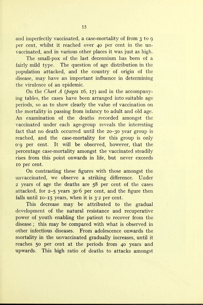 and imperfectly vaccinated, a case-mortality of from 3 to 9 per cent, whilst it reached over 40 per cent in the un- vaccinated, and in various other places it was just as high. The small-pox of the last decennium has been of a fairly mild type. The question of age distribution in the population attacked, and the country of origin of the disease, may have an important influence in determining the virulence of an epidemic. On the Chart A {pages 16, 17) and in the accompany- ing tables, the cases have been arranged into suitable age periods, so as to show clearly the value of vaccination on the mortality in passing from infancy to adult and old age. An examination of the deaths recorded amongst the vaccinated under each age-group reveals the interesting fact that no death occurred until the 20-30 year group is reached, and the case-mortality for this group is only o*9 per cent. It will be observed, however, that the percentage case-mortality amongst the vaccinated steadily rises from this point onwards in life, but never exceeds 10 per cent. On contrasting these figures with those amongst the unvaccinated, we observe a striking difference. Under 2 years of age the deaths are 58 per cent of the cases attacked, for 2-5 years 30*6 per cent, and the figure then falls until 10-15 years, when it is 3*2 per cent. This decrease may be attributed to the gradual development of the natural resistance and recuperative power of youth enabling the patient to recover from the disease ; this may be compared with what is observed in other infectious diseases. From adolescence onwards the mortality in the unvaccinated gradually increases, until it reaches 50 per cent at the periods from 40 years and upwards. This high ratio of deaths to attacks amongst
