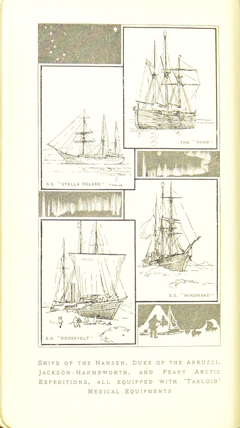 Ships of the Nansen. Duke of the Abruzzi. Jackson-Harmsworth. and Peary Arctic Expeditions, all equipped with 'Tabloid Medical Equipments