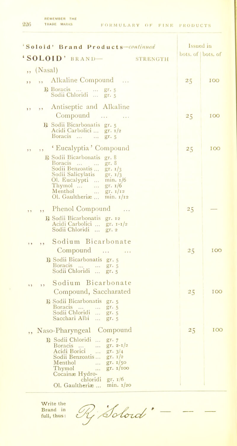 nEMEMOER rue THADE MARKS 'Soloid' Brand Products—conlinueii Issued i 'SOLOID' HKANIJ — ,, (Nasal) Alkaline Compound IJi Boracis ... Sodii Chloridi gr- 5 gr- 5 Antiseptic and Alkaline Compound V)i Sodii Bicarbonali.' Acidi Carljolici ... Boracis ... gr. 1/2 gr- 5 ,, ' Eucalyptia' Compound \^ .Sodii Bicarbonatis gr. 8 Boracis ... ... gr. 8 Sodii Benzoatis ... gr. 1/3 Sodii Salicylaiis gr. 1/3 01. Eucalypti ... min. 1/6 Tliymol gr. 1/6 Menthol ... gr. 1/12 01. Gaultheriai ... niin. 1/12 Phenol Compound IJi Sodii Bicarbonatis gr. 12 Acidi Carbolici ... gr. 1-1/2 Sodii Chloridi ... gr. 2 ,, Sodium Bicarbonate Compound IJ: .Sodii Bicarbonatis gr. 5 Boracis gr. 5 Sodii Chloridi ... gr. 5 ,, Sodium Bicarbonate Compound, Saccharated IJ Sodii Bicarbonatis gr. 5 Boracis gr. 5 Sodii Chloridi ... gr. 5 Sacchari Albi ... gr. 5 Naso-Pharyngeal Compound E Sodii Chloridi ... gr. 7 Boracis gr. 2-1/2 Acidi Borici ... gr. 3/4 Sodii Benzoatis... gr. 1/2 Menthol ... gr. 1/50 Thymol ... gr. i/ioo Cocainse Hydro- chloridi gr. 1/6 01. Gaultherias ... min. 1/20 bots. of 25 bots. of 25 25 — Write the Brand in