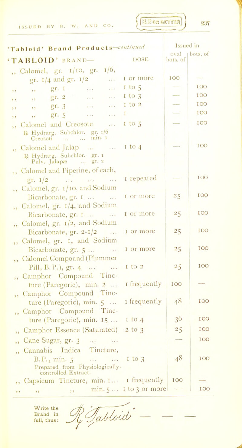 337 'TubloUr Brand Prod net s- -continui-d Issued in lints, of TABLOID' i!RAM>— DOSE bot.s. of ,. Calomel, t,'r. l/io, gr. 1/6, ctv I / t ■! IK 1 c t' T /... I or more 100 — S^'- I T ill C 1 to ^ 100 gi - - I to 100 g'- 3 I to 2 100 gr- 5 I — 100 ,, Calomel and Creosote 1 to 5 — TOO 11 HyJrarg. Subclilor. gr. 1/6 Cr'eosoli min- ' ,, Calomel and Jalap t to 4 1> II>drarg. SuI)chlor. gr. 1 Pulv. Jalapju ... gi'- 2 ,, Calomel and Piperine, of eaeh, cri- ^1. i/_ 1 repeated 100 Calomel. £jr. i/io, and Sodium Bicarbonate, ijr. I ... I or more too ,, Calomel, sir. 1/4, and Sodium Bicarbonate, i^r. I ... I or more 25 100 Calomel, trr, 1/2, and Sodium Bicarbonate, f^r. 2-1/2 I or more 25 100 ,, Calomel, gr. i, and Sodium Bicarbonate, gr. 5 ■•• I or more 25 100 ,, Calomel Compound (Plummer Pill, B.P.), gr. 4 I to 2 25 100 ,, Camphor Compound Tinc- ture (Paregoric), min. 2 ... I frequently 100 ,, Camphor Compound Tinc- ture (Paregoric), min. 5 ... I frequently 48 100 ,, Camphor Compound Tinc- 36 ture /PnrpCTnrir^ min IC LLllC (ll^^v.'llV^y, llllll. ... I to 4 100 to 1 - LO J 25 100 ,, Cane Susiar, gr. ^ 100 ,, Cannabis Indica Tincture, B.P., min. 5 I to 3 48 100 Prepared from Physiologically- controlled Extract. ,, Capsicum Tincture, min. I... I frequently 100 min.S... I to 3 or more 100 Write the Brand in