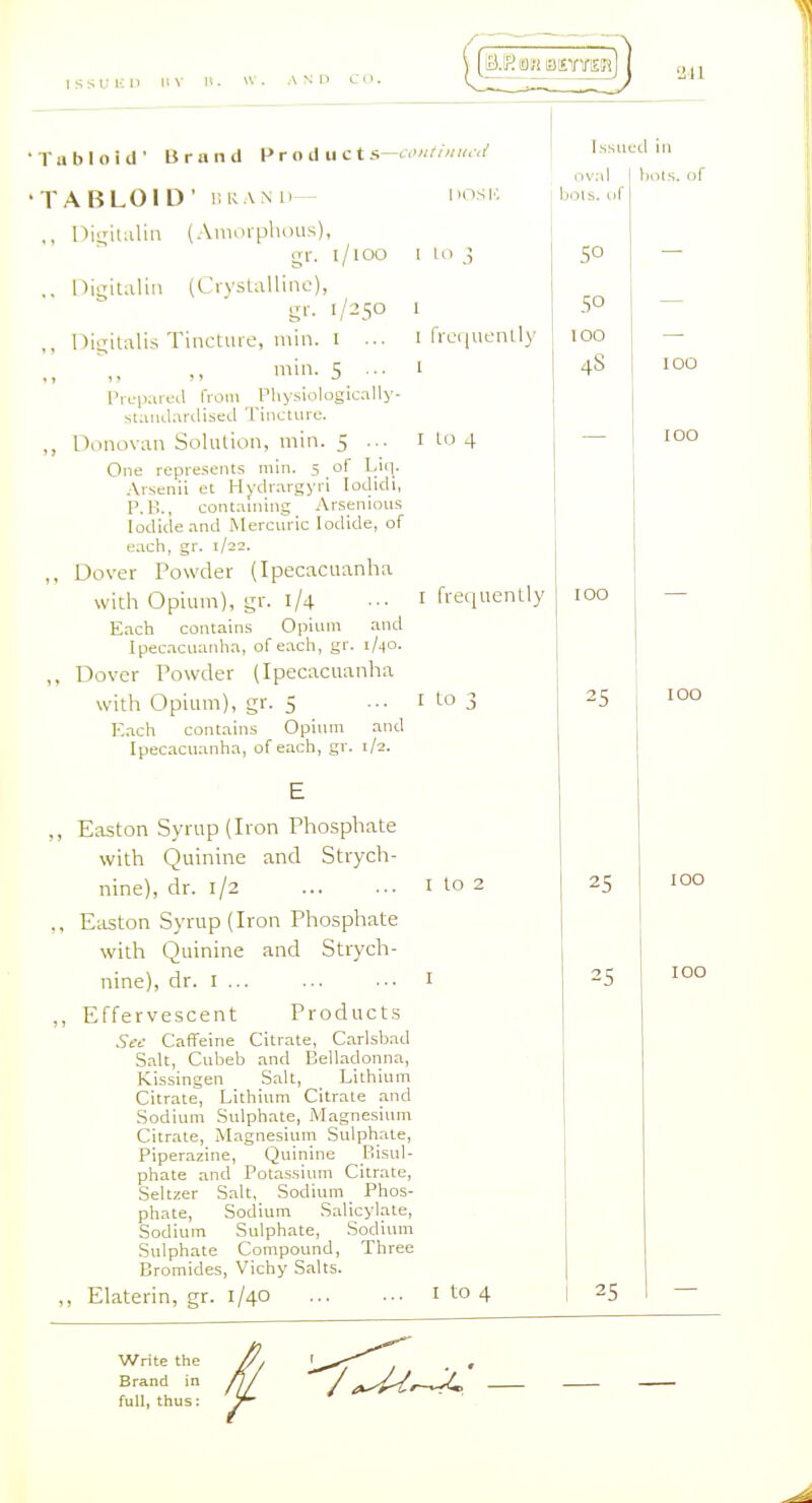 •TABLOID' I RANI ,, nii;iUiUn (Anunplioiis) -cotttiitiuui I )O.S V. I lo ! Issued ill 1)0(S. of gr. i/ioo Difjitaliu (Ciystalliiic), n;i-. 1/250 1 Di^iUlis Tincture, luiu. I ... i frc(|ucnily mill. S ■■• ' Piepaieil from Physiologically- staiRl.inlised Titicuiru. Donovan Solution, min. 5 ... i to 4 One represents min. 5 of Liq. .•\ivsenii et Hydrargyri lodidi, P.B., containing Ar.senions Iodide and Mercuric Iodide, of each, gr. 1/22. Dover Powder (Ipecactianha with Opium), gr. 1/4 ■■• i frequently Each contains Opium and Ipecacuanha, of each, gr. 1/40. Dover Powder (Ipecacuanha with Opium), gr. 5 ... i to 3 E.ach contains Opium and Ipecacu.mha, of each, gr. 1/2. ,, Easton Syrup (Iron Phosphate with Quinine and Strych- nine), dr. 1/2 I lo 2 ,, Easton Syrup (Iron Phosphate with Quinine and Strych- nine), dr. I ... ... ■■■ I ,, Effervescent Products Sec Caffeine Citrate, Carlsbad Salt, Cubeb and Belladonna, Kissingen Salt, Lithium Citrate, Lithium Citrate and Sodium Sulphate, Magnesium Citrate, Magnesium Sulphate, Piperazine, Quinine Bistll- phate and Potassium Citrate, Seltzer Salt, Sodium Phos- phate, Sodium Salicylate, Sodium Sulphate, Sodium Sulphate Compound, Three Bromides, Vichy Salts. ,, Elaterin, gr. 1/40 I to 4 OV.'ll bols. of SO SO 100 4S 100 100 100 too 25 25 Write the