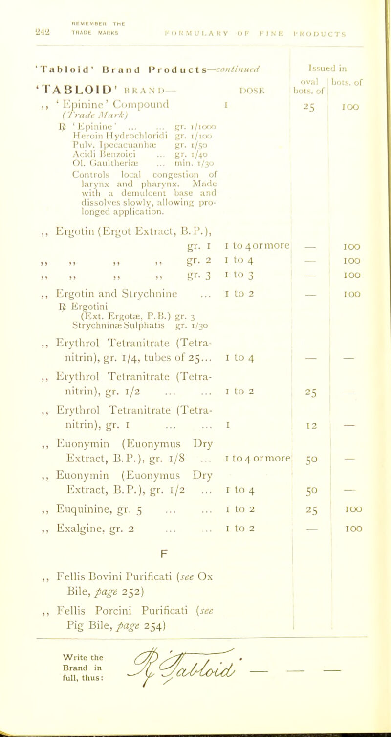 'M^A TIIADE MAHKS I-()KMU1.AKV C)V I- I N li i*K(JI)UCTS 'Tabloid' LSraiid Product s—cniUinurd 'TABLOID' IIKANM.— IIOSK ' l''])ininc ' C(Jiii|joun(l I { Tra,!,: Murk) IJ: 'Epiiiiiie' ... ... gr. i/nxxj Heroin Hydrochloridi ^x. ilwi Piilv. Ipecacuanhiu gr. 1/50 ,\cicli lienzoici ... gr. 1/40 01. Gaullheria; ... niin. 1/30 Conlrol.s local conge.sliun of laryn.x and pharynx. Made with a deiiiidcenL ba.se and dis.solve.s slowly, allowing pro- longed application. „ Ergntin (Ergot Extract, B.P.), gr. I I to 4ormore gr- 2 I to 4 I gr- 3 I to 3 I ,, Ergotin and Strychnine ... I to 2 Ergotini (E.xt. Ergota;, P.B.) gr. 3 Strychnin£e.Sulphatis gr. 1/30 ,, Erythrol Tetranitrate (Tetra- nitrin), gr. 1/4, tubes of 25... i to 4 ,, Erythrol Tetranitrate (Tetra- nitrin), gr. 1/2 ... ... I to 2 ,, Erythrol Tetranitrate (Tetra- nitrin), gr. I ... ... I ,, Euonymin (Euonymus Dry Extract, B.P.), gr. i/S ... ito4ormore ,, Euonymin (Euonymus Dry Extract, B.P.), gr. 1/2 ... i to 4 ,, Euquinine, gr. 5 ... ... i to 2 ,, Exalgine, gr. 2 ... .. I to 2 ,, Fellis Bovini Purificati [see Ox Bile, page 252) ,, Fellis Porcini Purificati {see Pig Bile, page 254) Issned in 'val : bols. or bols. of 25 I — 100 — , TOO — j 100 — 100 25 12 ' — 50 — 50 25 100 ICX) EriH ^^^^M^' — - -