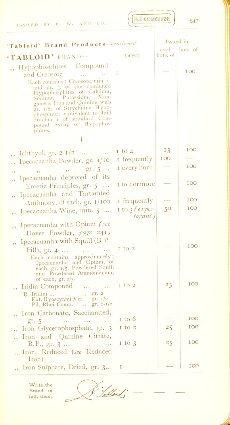 issunn IIV [B.'jiffl';iai£¥irgj ■217 ■ Tub! o ill Brand P r o il ii c t s-av<//</;/,v/ •TABLOID' 1)1 IS I', 1 Ivpopbospliilcs ('iimpduiul ami Creosote Kacli i:oiitain.s : CiosoU:, min. i. nnd s;r. .? of llic coinl)iiieil Hypophosphiu's of Calciiuu, SoUium, l'ol:vssiimi, t\\:\n- ganesc, Iron :iih1 Quinine, Willi Sr. 1/64 of Slryclmine Hypo- pliospliili.-: L'qiiivalenl to lluid draclini 1 of slamlaiil Com- poiiml Syrui) of Hypopho;,- pliitcs. ,, Ichthyol, gr. 2-1/2 ., Ipecacuanha I'uwder, gr. l/io S'-- 5 •■■ .. Ipecacuanha deprived of its Emetic Principles, gr. 5 ... ,, Ipecacuanha and Tartarated Antimony, of each, gr. i/ioo ,. Ipecacuanha Wine, min. 5 ... ,, Ipecacuanha with Opium (see Dover Powder, /(Z^c' 24.1) ,, Ipecacuanha with Scpiill (B. I'. Pill), gv- 4 Each contains appro.\imately: Ipecacuanha and Opium, of each, gr. 1/5, Powdered .Sc[uill and Powdered Animoniacum, of each, gr. 2/3. ,, Iridin Compound ^ Iridini gr. 2 Ext. Hyoscyanii Vir. gr. 1/2 Pil. Rhei Comp. ... gr. 1-1/2 ,, Iron Carbonate, Saccharated, £■••5 ., Iron Glycerophosphate, gr. 3 ., Iron and Quinine Citrate, B.P., gr. 3 ,, Iron, Reduced {see Reduced Iron) ,, Iron Sulphate, Dried, gr. 3... oval hols, ol :d in llcilS. of I to 4 I frequently I every hour I to 4 or more I frequently I to 3 es/'ee- toranl) I to 2 I to 2 25 too I to 6 I to 2 I to 3 SO 25 25 100 100 100 100 100 100 100 Write the Brand in full, thus: 1