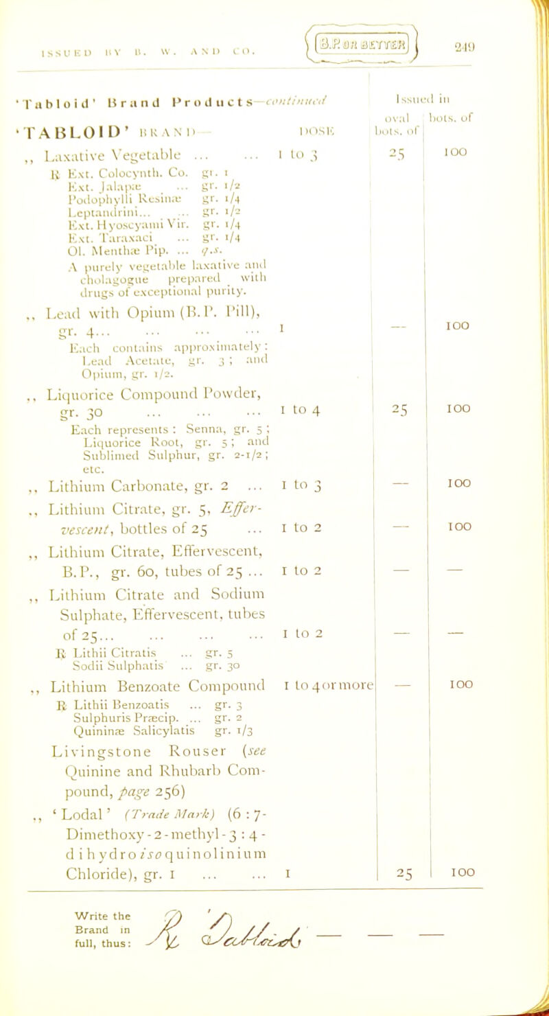 (3.j^a;iiar/ira!i]J 1 to ^ I to I to Tabloid' Urund P r o d ii c t s—tw.//.-/ TABLOID' iiKAMi I'osK ,, Laxative Wyelahlu ... ... I to ^ 1{ K.\t. ColoL-yiuh. Co. gi. i K\l. Jalap^i; ... gr- i/'-i I'oilopliylli Kcsiiui: gr. l.cptamiiini gi- i/-' IC.vl. Hyo.scyanii Vii. gr. 1/4 K.\;t. 'I'ara.Naci ... gr. 01. Mentha; Pip. ... </■■<■ A purely vegetable laxative and L-holagogiie prepareil with ilrugs of e.NCeptioiial parity. ., Lead with Opium (B.l'. I'ill), gi-- 4 ■ ■ ' Each contains appro.xinialely: Lead .Acetate, gr. j ; and Opiiun, gr. 1/2. ., Liquorice Compound Powder, gr. 30 ' 4 Each represents ; Senna, gr. 5 ; Liciuorice Root, gr. 5 ; and Sublimed Sulphur, gr. 2-1/2; etc, ., Lithium Carbonate, gr. 2 ., Lithium Citrate, gr. 5, Efc'/- bottles of 25 ,, Lithium Citrate, Effervescent, B.P., gr. 60, tubes of 25 ... ,, Lithium Citrate and Sodium Sulphate, Effervescent, tubes of 25 I to 2 E Lithii Citratis ... gr. 5 Sodii Salphali.s ... gr. 30 ,, Lithium Benzoate Compound ito4fu-more R Lithii Benzoatis ... gr. 3 Sulphuris Prfficip. ... gr. 2 Quininas Salicylatis gr. 1/3 Livingstone Rouser {see Quinine and Rhubarb Com- pound, pag-e 256) ., 'Lodal' {Trade iMark) (6:7- Dimethoxy-2-methyl -3:4- d i h y d r o /jo q u i n o 1 i n i u m Chloride), gr. I I ssned Lots, of 100 25 100 Write the Brand in