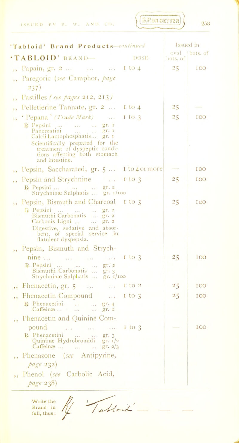 I to ; 'Tabloid' Brand P r o d h c t s— 'TABLOID' HKAMi l>OSK .. Papain, i;r. 2 ... ... ... I lo 4 ,, I'arcLjon'r (.iv<- Caniphnr, Ay<' -J7) ,, Tastillcs ('j'tv/iJi,';'.!-21:!, 213 J .. ■ I'opana ' I /''<i.(V .l/'i'v!-J Iv IVfj.^iiii ... gr. 1 l^ancrt^.itini ... _ ... gr. i Calcii Lactophosphatis... gr. i Scieiitilically prepared _ for llie irealiueiu of dyspeptic condi- tions affecting both .stomach and intestine. ., IV-psin, Saccluualecl, i;r. 5 ... ., I'epsin anil Strychnine R Pepsini ... ... ... gr. 2 Sirychnina: ,Sidphati.s ... gr. 1/100 ., I'epsin, Bi.simith and Charcoal I to 3 R Pepsini gr. 2 Uisinuthi Carbonatis ... gr. 2 Carbonis Ligni ... ... gr. 2 ]!)igestive, sedative and aljsor- bent, of special service in llaiulent dyspepsia. ,, IVpsin, Bismuth and Strych- nine ... ... ... ... I to 3 R Pepsini ... gr. 2 Bisiniilhl Carbonatis ... gr. 3 .Strychninie Sulphatis ... gr. i/ioo I to 4ormore I to 3 Phenacetin, gr. 5 ... Phenacetin Compound I to 2 H Phenacelini CafFeinre ... gr- Phenacetin and Quinine Com- pound li Phenacetini ... ... gr. 3 Quinine Hydrobroniidi gr. 1/2 Caffeine gr. 2/3 Phenazone {sec Antipyrine, Ms-^ 232) Phenol {see Carbolic Acid, pan-e 23S) I to Issued in oval ' hots, of l)o[s. of 25 25 25 25 25 100 100 100 100 Write the Brand in