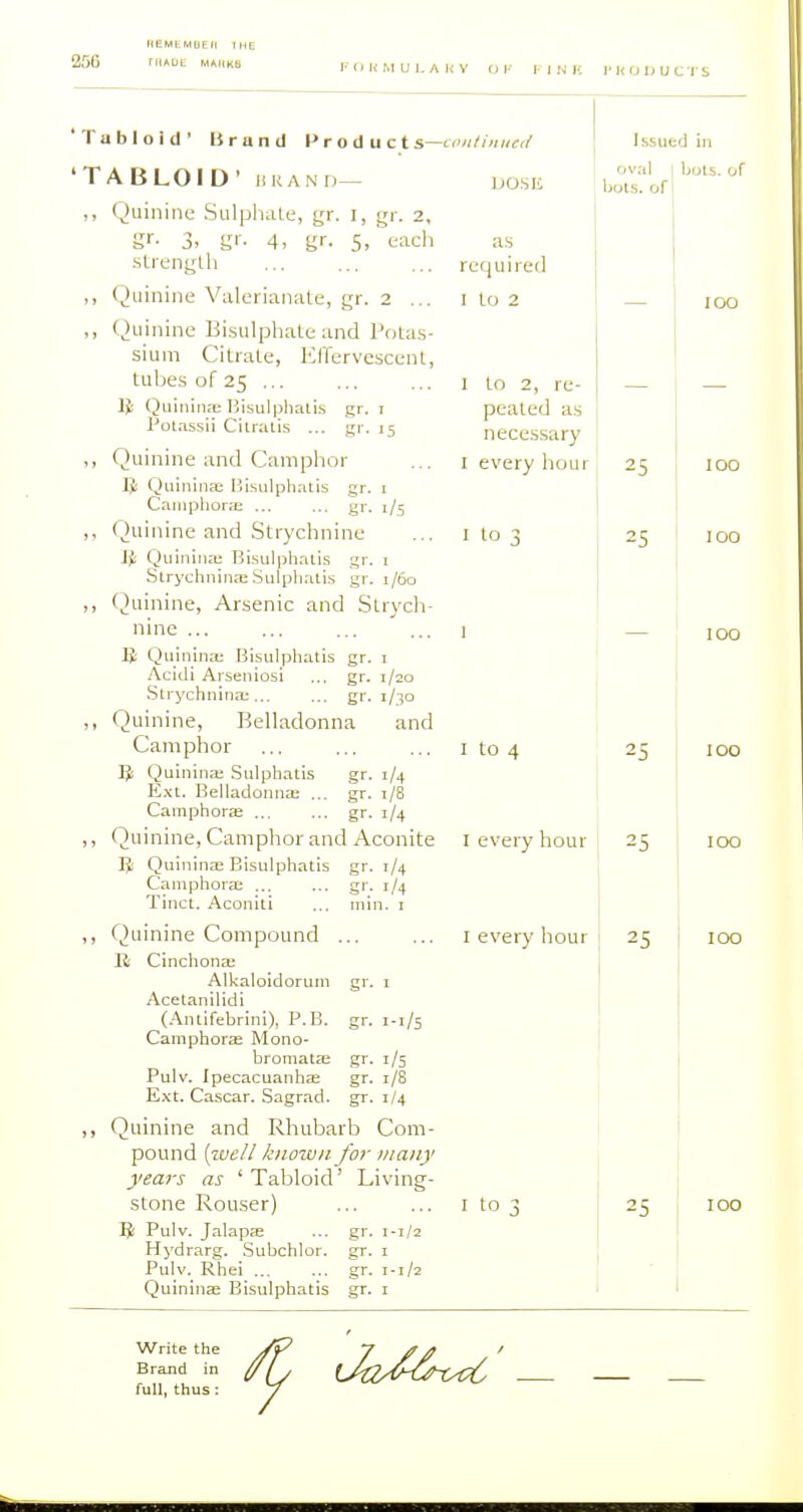HEMtMOEH IHt 256 niAULi MAI1K6 F O U M u I, A K Y OK F I N F. !• K O D U C T S 'Tabloid' IJrantl Products- 'TABLOID- iiRAND— ,, QuiniiK' Sulpliale, gr. i, gr. 2, S. 3. gr- 4, gr. 5. tach strenglh ,, Quinine Valerianate, gr. 2 ... ,, Quinine Bisulphate and Pota.s- sium Citrate, Effervescent, tubes of 25 'Ltintinitcii IJOSIi as required I to 2 IJ: QiiininiE Bisulphatis Pol.issii Cilratis ... Quinine and Camphor IJ Quiniiia: Bi.sulpliatis gr. i CaiiiphorfE ... ... gr. 1/5 (Quinine and Strychnine JJi Quinina; BLsulphali.s .^r. i Strychnina; Sulplialis gr. 1/60 Quinine, Arsenic and Strych- nine ... Quinina; Bisulphatis gr. i Acidi Arseniosi ... gr. 1/20 Strychnitia:... ... gr. 1/30 Quinine, Belladonna and Camphor Quinina; Sulphatis gr. 1/4 E.\t. Belladoniiai ... gr. 1/8 Camphoras ... ... gr. 1/4 Quinine, Camphor and Aconite 5 Quinina; Bisulphatis gr. 1/4 Caniphora; ... ... gr. 1/4 Tinct. Aconiti ... niin. 1 Quinine Compound ... li Cinchona; Alkaloidoruin gr. i Acetanilidi (-■Vnlifebrinl), P. B. gr. 1-1/5 CamphortE Mono- bromat£E .gr. 1/5 Pulv. Ipecacuanhas gr. 1/8 Ext. Cascar. Sagrad. gr. 1/4 Quinine and Rhubarb Com- pound [well known for many years as ' Tabloid' Living- stone Rouser) ^ Pulv. Jalapje ... gr. 1-1/2 Hydrarg. Subchlor. gr. i Pulv. Rhei ... ... gr. 1-1/2 Quininas Bisulphatis gr. i I Issued in oval I Ijots. of bots. of I to 2, re- peated as necessary I every hour I to ? I to 4 I every hour I every hour I to 25 25 25 25 25 Write the Brand in