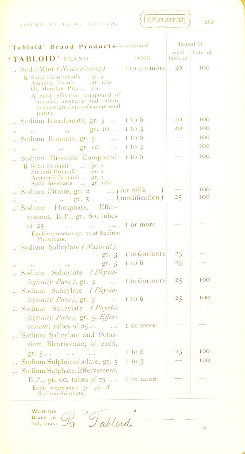 A N n u. ■2r,'.) •Tabloid' Brand P r o il ti c t s- . /.■-(«<■,/ ■ TABLOl D • iw;am. hosk ■ 5 . 10 gr. 2 gr. I gr. i/6o SoiLi-MiiU ( .W-ii/ra.'isiiii,') ... K .^inlii l'>ii;;ii iionad.s... gr. 4 .\iniiioii. liicarli. ... gr. 1/12 0\. MciUlilB Pip. ... A mosi elTL'c:tive coiiipoiiiul of antacid, aroiu.-iiic and .slinui- laling ingrCLliciu.sufc.NCcplion.il piirilN'. .Sodiiiui HicaibonutL', S ■■■ 10... Soiliiim ISiomide, gi Sodium Bromide Compound K Sodii I'ironudi ... gr. 2 Slrontii Ijronudi .\nnnoiili Ilromidi... Sodii Arsenatis Sodium Citrate, gr. 2 .. gi-- 5 Sodmm Pliosphate, vesceiit, B.P., gr. 60, tuljes of 25 Each represenls gr. 30 of Sodium Phospliate. Sodium Salicylale f Natural) gr- 3 g'-- 5 Sodium SalicN'late (Physio- logically Pure), gr. 3 Sodium Salicylate (Piiysio- logically Pure), gr. 5 Sodium Salicylate (Physio- logically Pure), gr. 5, Ejfer- vesceiil, tubes of 25... Sodium Salicylate and Potas- sium Bicarbonate, of each, gr- 5 Sodium Sulphocarbolate, gr. 5 Sodium Sulphate,Effervescent, B.P., gr. 6q, tubes of 25 ... Each represents gr. 30 of Sodium Sulphate. 1 to or more 1 lo 6 1 lo 3 I lo 6 I to 3 I to 6 Write the Brand in full, thus: IsmiulI in Iiols. oval ^ huts, of ... ) for milk .,. (^modification Effer- I or more I to 6 or more I to 6 I to 6 or more I to 6 ! I or more I to 6 I to 3 40 40 25 25 2S 25 I or more I — 100 100 100 100 100 100 100 100 100