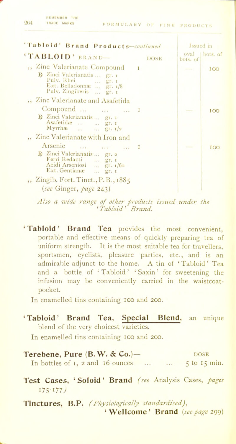 IIEMEMBEH THE [HAUL MAHK8 i' o K M U ], A J< Y I* JC O HU L ■! S -cont t'ltueti DOSli I Issued ill liols. of oval bols. of 'Tabloid' Urnnd Products- TABLOID' HKAM. ,, Zinc Vali'iiunalc (umpound Ziiiti Valcriaiiatis ... gr. i Piilv. Rhui ... gr. 1 J'^xt. IjcUatlonn:!; ... gr. i/8 Pulv. Zingilferis ... gr. i „ Zinc Valerianate and A.safelida Compound ... Zinci Valcrianalis ... gr. i Asafelida; ... ... gr. i Myrrha; ... ... gr. 1/2 Zinc Valerianate witli Iron and Arsenic IJ; Zinci Valerianatis ... gr. 2 Kerri Redacti ... gr. 1 Acid! Arseniosi ... gr. 1/60 E.\t. Gentianai ... gr. 1 ,, Zingib. Fort. Tinct., P. B., 18S5 (see Ginger, page 243) A/so a wide range of other products issued under the ' Tabloid' Brand. ' Tabloid ' Brand Tea provides the most convenient, portable and effective means of quickly preparing tea of uniform strength. It is the most suitable tea for travellers, sportsmen, cyclists, pleasure parties, etc., and is an admirable adjunct to the home. A tin of 'Tabloid' Tea and a bottle of ' Tabloid ' ' Saxin' for sweetening the infusion may be conveniently carried in the waistcoat- pocket. In enamelled tins containing 100 and 200. ' Tabloid' Brand Tea, Special Blend, an unique blend of the very choicest varieties. In enamelled tins containing 100 and 200. Terebene, Pure (B. W. & Co.)— dose In bottles of I, 2 and 16 ounces ... ... 5 to 15 min. Test Cases, ' Soloid' Brand (see Analysis Cases, pages 175-177; Tinctures, B.P. (Physiologically standardised), '■Wellcome' Brand (see page 2<)^)