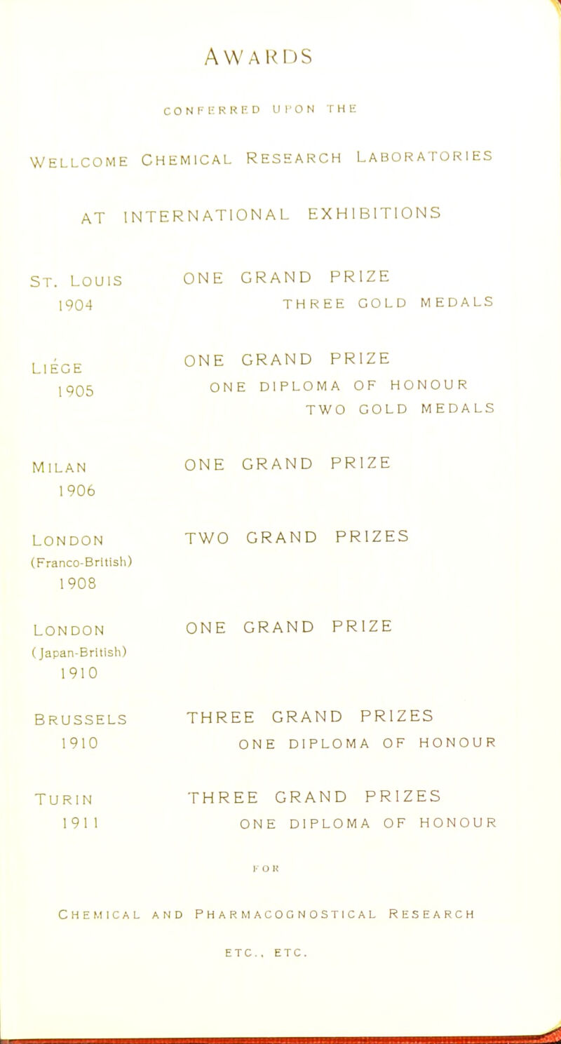 CONFKRRRD UION THE WELLCOME Chemical Research labor a por i es AT INTERNATIONAL EXHIBITIONS ST. LOUIS ONE GRAND PRIZE 1904 THREE GOLD MEDALS ONE GRAND PRIZE ONE DIPLOMA OF HONOUR TWO GOLD MEDALS MILAN ONE GRAND PRIZE 1906 LONDON TWO GRAND PRIZES (Franco-Brltisli) 1908 LONDON ONE GRAND PRIZE (Japan-British) 1910 BRUSSELS THREE GRAND PRIZES 1910 ONE DIPLOMA OF HONOUR TURIN THREE GRAND PRIZES 1911 ONE DIPLOMA OF HONOUR Chemical and Pharmacocnostical Research Liege 1005