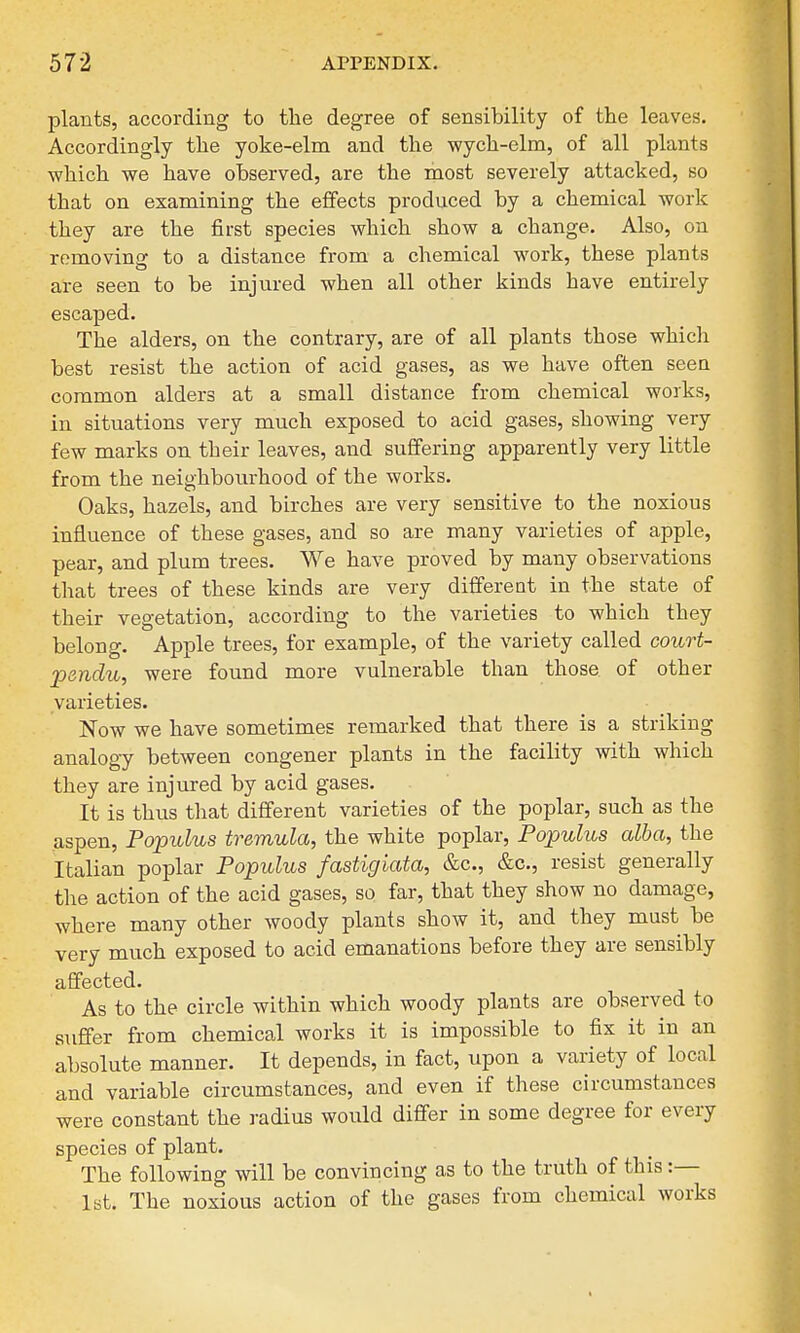 plants, according to the degree of sensibility of the leaves. Accordingly the yoke-elm and the wych-elm, of all plants which we have observed, are the most severely attacked, so that on examining the effects produced by a chemical work they are the first species which show a change. Also, on removing to a distance from a chemical work, these plants are seen to be injured when all other kinds have entirely escaped. The alders, on the contrary, are of all plants those which best resist the action of acid gases, as we have often seen common alders at a small distance from chemical works, in situations very much exposed to acid gases, showing very few marks on their leaves, and suffering apparently very little from the neighbourhood of the works. Oaks, hazels, and birches are very sensitive to the noxious influence of these gases, and so are many varieties of apple, pear, and plum trees. We have proved by many observations that trees of these kinds are very different in the state of their vegetation, according to the varieties to which they belong. Apple trees, for example, of the variety called court- pandu, were found more vulnerable than those of other varieties. Now we have sometimes remarked that there is a striking analogy between congener plants in the facility with which they are injured by acid gases. It is thus that different varieties of the poplar, such as the aspen, Populus tremula, the white poplar, Populus alba, the Italian poplar Populus fastigiata, &c, &c, resist generally the action of the acid gases, so far, that they show no damage, where many other woody plants show it, and they must be very much exposed to acid emanations before they are sensibly affected. As to the circle within which woody plants are observed to suffer from chemical works it is impossible to fix it in an absolute manner. It depends, in fact, upon a variety of local and variable circumstances, and even if these circumstances were constant the radius would differ in some degree for every species of plant. The following will be convincing as to the truth of this:— 1st. The noxious action of the gases from chemical works