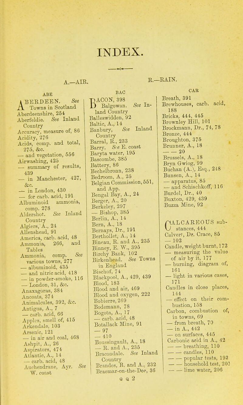 INDEX. A.—AIR. R.—RAIN. ABE ABERDEEN. See Towns in Scotland Aberdeenshire, 254 Aberfeldie. See Inland Country Accuracy, measure of, 86 Acidity, 276 Acids, comp. and total, 275, &c. — and vegetation, 556 Airwashing, 425 — summary of results, 439 — in Manchester, 427, &c. — in London, 430 — for carb. acid, 191 Albuminoid ammonia, comp. 278 Aldershot. See Inland Country Algiers, A., 24 Ailenshead, 91 America, carb. acid, 48 Ammonia, 266, and Tables Ammonia, comp. See various towns, 277 — albuminoid, 435 — and nitric acid, 418 — in powder-smoke, 116 — London, 31, &c. Anaxagoras, 384 Ancoats, 374 Animalcules, 392, &c. Antigua, A., 7 — curb, acid, 66 Apples, smell of, 415 Arkendalo, 103 Arsenic, 121 — in air and coal, 168 Ashpit, A., 26 Aspirators, 474 Atlantic, A., 14 — carb. acid, 48 Auchendrane, Ayr. See W. coast BAC CAR BACON, 398 Balgowan. See In- land Country Balleswidden, 92 Baltic, A., 14 Banbury, See Inland Country Barral, R., 233 Barry. S<e E. coast Baryta water, 195 Bascombe, 385 Battery, 86 Bechelbronn, 238 Bedroom, A., 25 Belgian Commission, 551, and App. Bengal Bay, A., 24 Berger, A., 20 Berkeley, 297 — Bishop, 385 Berlin, A., 14 Bern, A., 18 Bernays, Dr., 191 Berthollet, A., 14 Bineau, R. and A., 235 Binney, E. W., 395 Birchy Bank, 102 Birkenhead. See Towns in England Bischof, 74 Blackpool, A., 429, 439 Blood, 183 Blood and air, 469 Blood and oxygen, 222 Bobierre, 269 Bodemann, 78 Bogota, A., 17 — carb. -acid, 48 Botallack Mine, 91 — 97 — 410 Boussingault, A., 18 _ R. and A., 235 Bracondalc. See Inland Country Brandos, R. and A.; 232 Braomar-on-the-Dee, 36 Q ft 2 Breath, 391 Brewhouses, carb. acid, 188 Bricks, 444, 445 Brownley Hill, 101 Brockmann, Dr., 74, 78 Bronze, 444 Broughton, 375 Brunner, A., 18 20 Brussels, A., 18 Bryn Gwiog, 99 Buchan (A.), Esq., 218 Bunsen, A., 14 — apparatus, 85 — and Schischkoff, 116 Burdel, Dr., 40 Buxton, 429, 439 Buzza Mine, 92 CALCAREOUS sub- stances, 444 Calvert, Dr. Crace, 85 — 102 Candle, weight burnt, 172 — measuring the value of air by it, 177 — burning, diagram of, 161 — light in various cases, 171 Candles in close places, 144 — effect on their com- bustion, 158 Carbon, combustion of, in towns, 69 — from breath, 70 — in A., 442 — on surfaces, 445 Carbonic acid in A., 42 —■ — breathing, 110 candles, 110 popular tests, 193 household test, 203 lime water, 206