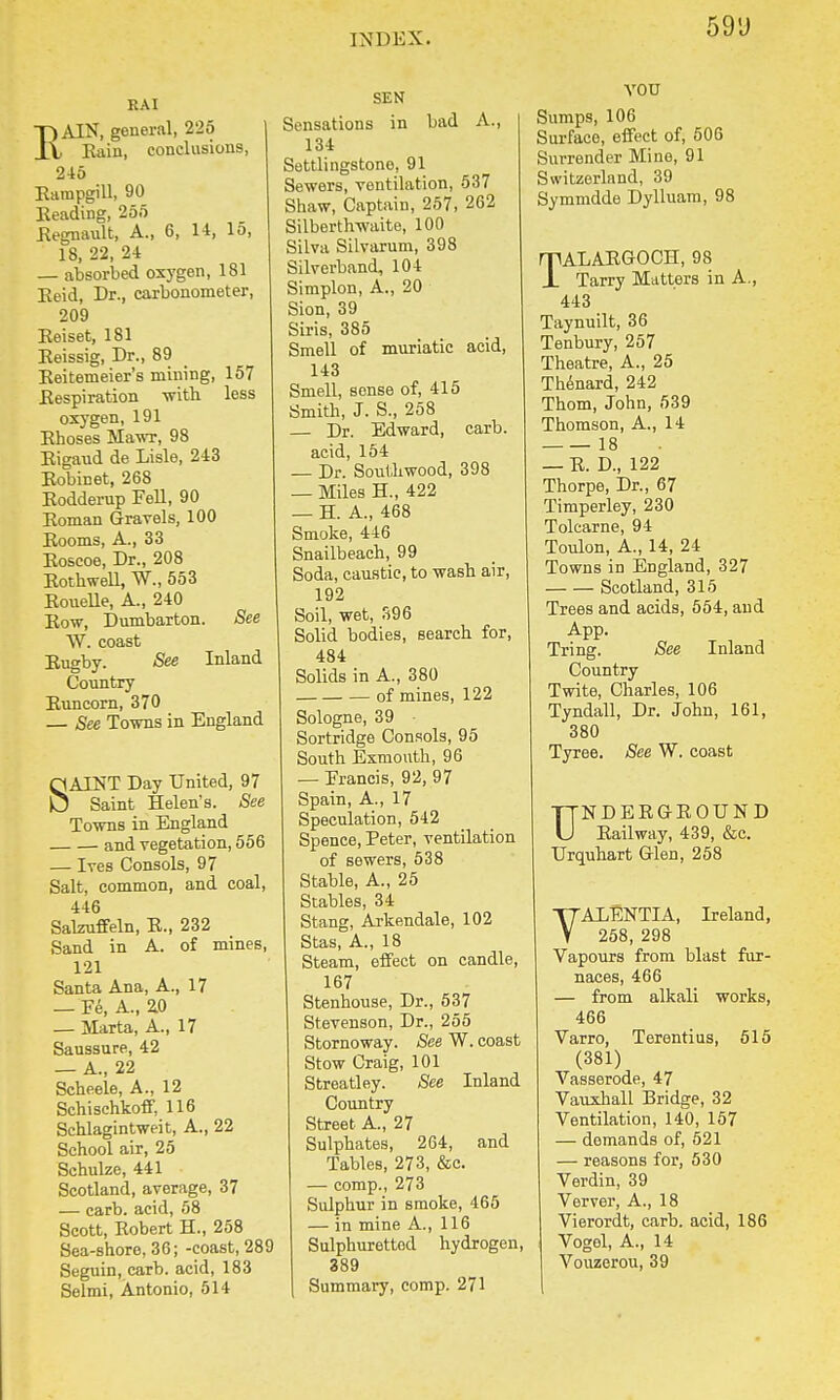 59'J RAI I~)AIN, general, 225 1 Kain, conclusions, 245 Earapgill, 90 Eeading, 255 Eegnault, A., 6, 14, 15, 18, 22, 24 — absorbed oxygen, 181 Eeid, Dr., carbonometer, 209 Eeiset, 181 Reissig, Dr., 89 Eeitemeier's mining, 157 Eespiration with less oxygen, 191 Ehoses Maw, 98 Eigaud de Lisle, 243 Eobinet, 268 Eodderup Fell, 90 Eoman Gravels, 100 Eooms, A., 33 Eoscoe, Dr., 208 Eothwell, W., 553 Eouelle, A., 240 Eow, Dumbarton. See IV. coast Eugby. See Inland Country Euncorn, 370 — See Towns in England SAINT Day United, 97 Saint Helen's. See Towns in England and vegetation, 556 — Ives Consols, 97 Salt, common, and coal, 446 Salzuffeln, E., 232 Sand in A. of mines, 121 Santa Ana, A., 17 _ Ee, A., 2.0 — Marta, A., 17 Saussure, 42 — A., 22 Scheele, A., 12 Schisehkoff, 116 Schlagintweit, A., 22 School air, 25 Schulze, 441 Scotland, average, 37 — carb. acid, 58 Scott, Eobert H., 258 Sea-shore, 36; -coast, 289 Seguin, carb. acid, 183 Selmi, Antonio, 514 SEN Sensations in bad A., 134 Settlingstono, 91 Sewers, ventilation, 537 Shaw, Captain, 257, 262 Silberthwaite, 100 Silva Silvarum, 398 Silverband, 104 Simplon, A., 20 Sion, 39 Siris, 385 Smell of muriatic acid, 143 Smell, sense of, 415 Smith, J. S., 258 — Dr. Edward, carb. acid, 154 — Dr. South wood, 398 — Miles H., 422 — H. A., 468 Smoke, 446 Snailbeach, 99 Soda, caustic, to wash air, 192 Soil, wet, 396 Solid bodies, search for, 484 Solids in A., 380 of mines, 122 Sologne, 39 Sortridge Consols, 95 South Exmouth, 96 — Erancis, 92, 97 Spain, A., 17 Speculation, 542 Spence, Peter, ventilation of sewers, 538 Stable, A., 25 Stables, 34 Stang, Arkendale, 102 Stas, A., 18 Steam, effect on candle, 167 Stenhouse, Dr., 537 Stevenson, Dr., 255 Stornoway. See W. coast Stow Craig, 101 Streatley. See Inland Country Street A., 27 Sulphates, 264, and Tables, 273, &c. — comp., 273 Sulphur in smoke, 465 — in mine A., 116 Sulphuretted hydrogen, 389 Summary, comp. 271 VOU Sumps, 106 Surface, effect of, 506 Surrender Mine, 91 Switzerland, 39 Symmdde Dylluam, 98 TALAEGOCH, 98 Tarry Matters in A., 443 Taynuilt, 36 Tenbury, 257 Theatre, A., 25 Thenard, 242 Thorn, John, 539 Thomson, A., 14 18 — E. D., 122 Thorpe, Dr., 67 Timperley, 230 Tolcarne, 94 Toulon, A., 14, 24 Towns in England, 327 Scotland, 315 Trees and acids, 554, and App. Tring. See Inland Country Twite, Charles, 106 Tyndall, Dr. John, 161, 380 Tyree. See W. coast UNDEEGEOUND Eailway, 439, &c. Urquhart Glen, 258 VALENTIA, Ireland, 258, 298 Vapours from blast fur- naces, 466 — from alkali works, 466 Varro, Terentius, 515 (381) Vasserode, 47 Vauxhall Bridge, 32 Ventilation, 140, 157 — demands of, 521 — reasons for, 530 Verdin, 39 Verver, A., 18 Vierordt, carb. acid, 186 Vogel, A., 14 Vouzerou, 39