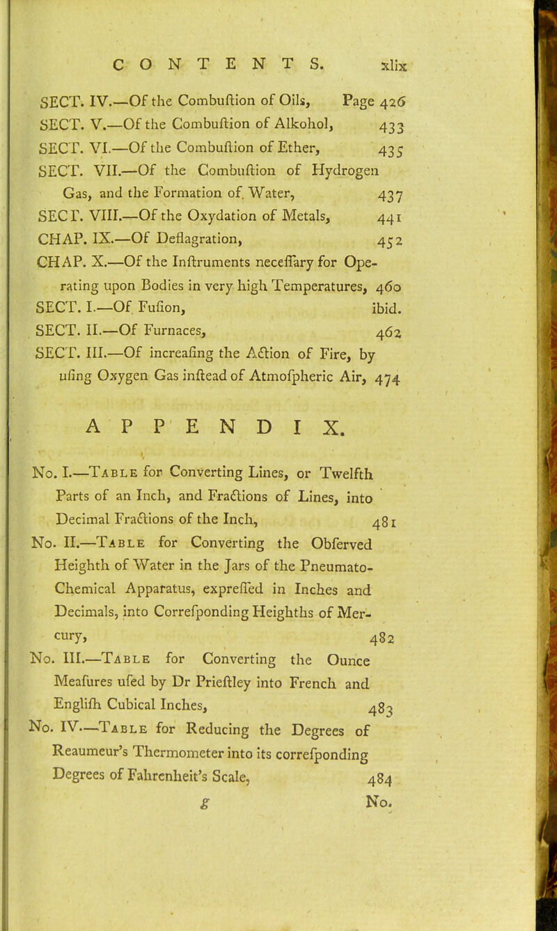 SECT. IV.-—Of the Combuftion of Oils, Page 426 SECT, v.—Of the Combuftion of Alkohol, 433 SECT. VI.—Of the Combuftion of Ether, 43 5 SECT. VII.—Of the Combuftion of Hydrogen Gas, and the Formation of. Water, 437 SEC r. VIII.—Of the Oxydation of Metals, 441 CHAP. IX.—Of Deflagration, 452 CHAP. X.—Of the Inftruments neceflary for Ope- rating upon Bodies in very high Temperatures, 460 SECT. I—Of Fufion, ibid. SECT. II.—Of Furnaces, 462 SECT. III.—Of increafing the Aftion of Fire, by ufing Oxygen Gas inftead of Atmofpheric Air, 474 APPENDIX. No. I.—Table for Converting Lines, or Twelfth Parts of an Izich, and Fradlions of Lines, into Decimal Fra£lions of the Inch, 481 No. II.—Table for Converting the Obferved Heighth of Water in the Jars of the Pneumato- Chemical Apparatus, expreffed in Inches and Decimals, into Correfponding Heighths of Mer- cury, 482 No. III.—Table for Converting the Ounce Meafures ufed by Dr Prieftley into French and Englifli Cubical Inches, 483 No. IV—Table for Reducing the Degrees of Reaumeur's Thermometer into Its correfponding Degrees of Fahrenheit's Scale, 484 g No.