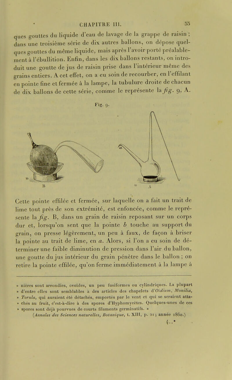 ques gouttes du liquide d'eau de lavage de la grappe de raisin ; dans une troisième série de dix autres ballons, on dépose quel- ques gouttes du même liquide, mais après l'avoir porté préalable- ment à l'ébullition. Enfin, dans les dix ballons restants, on intro- duit une goutte de jus de raisin prise dans l'intérieur même des grains entiers. A cet effet, on a eu soin de recourber, en l'effilant en pointe fine et fermée à la lampe, la tubulure droite de chacun de dix ballons de cette série, comme le représente la/g. 9, A. Fis- 9- B  A Cette pointe effilée et fermée, sur laquelle on a fait un trait de lime tout près de son extrémité, est enfoncée, comme le repré- sente ^^fig- B, dans un grain de raisin reposant sur un corps dur et, lorsqu'on sent que la pointe b touche au support du grain, on presse légèrement, un peu à faux, de façon à briser la pointe au trait de lime, en a. Alors, si l'on a eu soin de dé- terminer une faible diminution de pression dans l'air du ballon, une goutte du jus intérieur du grain pénètre dans le ballon ; on retire la pointe effilée, qu'on ferme immédiatement à la lampe à n nières sont arrondies, ovoïdes, un peu l'usiformos ou cylindriques. La plupart » d'entre elles sont semblables h des articles des chapelets A'Oidhiin, Monilia, » Torula, qui auraient été détachés, emportés par le vent et qui se seraient atta- » chés au fruit, c'est-à-dire à des spores d'Hyphomycètes. Quelques-unes de ces » spores sont déjà pourvues de courts filaments germinatifs. » {Annales des Sciences naturelles, Botanique, t. XllI, p. 21 ; année 1860.)