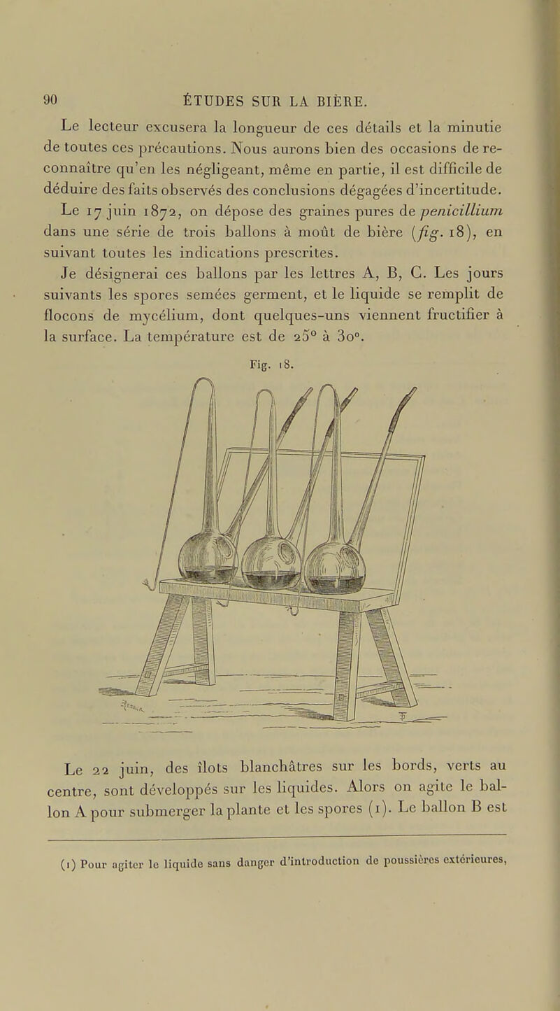 Le lecteur excusera la longueur de ces détails et la minutie de toutes ces précautions. Nous aurons bien des occasions de re- connaître qu'en les négligeant, même en partie, il est difficile de déduire des faits observés des conclusions dégagées d'incertitude. Le ly juin 1872, on dépose des graines pures à& pénicillium dans une série de trois ballons à moût de bière (/%• 18), en suivant toutes les indications prescrites. Je désignerai ces ballons par les lettres A, B, G. Les jours suivants les spores semées germent, et le liquide se remplit de flocons de mycélium, dont quelques-uns viennent fructifier à la surface. La température est de 25° à 3o°. Fig. 18. Le 22 juin, des îlots blanchâtres sur les bords, verts au centre, sont développés sur les liquides. Alors on agite le bal- lon A pour submerger la plante et les spores (i). Le ballon B est (i) Pour agiter le liquide sans danger d'introduction de poussières extérieures,