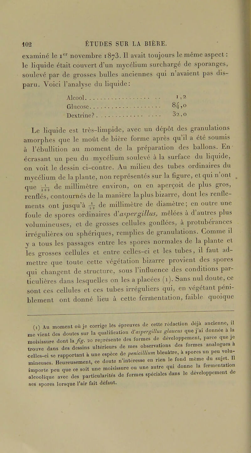 examiné le i novembre 1873. Il avait toujours le même aspect : le liquide était couvert d'un mycélium surchargé de sporanges, soulevé par de grosses bulles anciennes qui n'avaient pas dis- paru. Voici l'analyse du liquide: Alcool ' 1 ^ Glucose 84,0 Dextrine? 82,0 Le Hquide est très-limpide, avec un dépôt des granulations amorphes que le moût de bière forme après qu'il a été soumis à l'ébullition au moment de la préparation des ballons. En écrasant un peu du mycélium soulevé à la surface du bquide, on voit le dessin ci-contre. Au milieu des tubes ordinaires du mycéhum de la plante, non représentés sur la figure, et qui n'onl que ^„ de millimètre environ, on en aperçoit de plus gros, renflés, contournés de la manière la plus bizarre, dont les renfle- ments ont jusqu'à de miUimètre de diamètre; en outre une foide de spores ordinaires A'a^pergillus, mêlées à d'autres plus volumineuses, et de grosses cellules gonflées, à protubérances irrégulières ou sphériques, remplies de granulations. Comme il j a tous les passages entre les spores normales de la plante et les grosses cellules et entre celles-ci et les tubes, il faut ad- mettre que toute cette végétation bizarre provient des spores qui changent de structure, sous l'influence des conditions par- ticulières dans lesqueUes on les a placées (1). Sans nul doute, ce sont ces cellules et ces tubes irréguliers qui, en végétant péni- blement ont donné lieu à cette ferriientation, faible quoique (0 Au moment où je corrige les épreuves de cette rédaclion déjà ancienne, il me vient des doutes sur la qualification à'a.persiUus glaucus que j a, donnée a la moisissure dont la fg. 20 représente des formes de développement, parce que je trouve dans des dessins ultérieurs de mes observations des formes analogues a celles-ei se rapportant à une espèce de penicaiium bleuâtre, à spores un peu volu- mineuses. Heureusement, ce doute n'intéresse en rien le fond suje H importe peu que ce soit une moisissure ou «ne autre qui donne la fermenta ion alcoolique avec des particularités de formes spéciales dans le développement de ses spores lorsque l'air fait défaut.