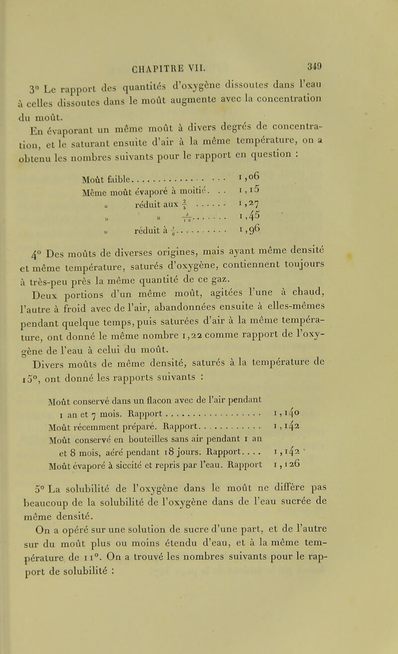 3° Le rapport des quantités d'oxygène dissoutes dans l'eau à celles dissoutes dans le moût augmente avec la concentration du moût. En évaporant un même moût à divers degrés de concentra- tion, et le saturant ensuite d'air à la même température, on a obtenu les nombres suivants pour le rapport en question : Moût fiiible ' »o6 Même moût évaporé à moitié. . . i, 15 réduit aux I 1,27 » fV ''45 réduit à i.g^-i 4° Des moûts de diverses origines, mais ayant même densité et même température, saturés d'oxygène, contiennent toujours à très-peu près la même quantité de ce gaz. Deux portions d'un même moût, agitées l'une à chaud, l'autre à froid avec de l'air, abandonnées ensuite à elles-mêmes pendant quelque temps, puis saturées d'air à la même tempéra- ture, ont donné le même nombre 1,22 comme rapport de l'oxy- gène de l'eau à celui du moût. Divers moûts de même densité, saturés à la température de i5°, ont donné les rapports suivants : Moût conservé dans un flacon avec de l'air jjendant I an et 7 mois. Rapport i » Moût récemment préparé. Rapport 1,14^ Moût conservé en bouteilles sans air pendant i an et 8 mois, aéré pendant 18 jours. Rapport. ... i , 142 ' Moût évaporé à siccité et repris par l'eau. Rapport i, 1 26 5° La solubilité de l'oxygène dans le moût ne diffère pas beaucoup de la solubilité de l'oxygène dans de l'eau sucrée de même densité. On a opéré sur une solution de sucre d'une part, et de l'autre sur du moût plus ou moins étendu d'eau, et à la même tem- pérature de 11°. On a trouvé les nombres suivants pour le rap- port de solubilité :