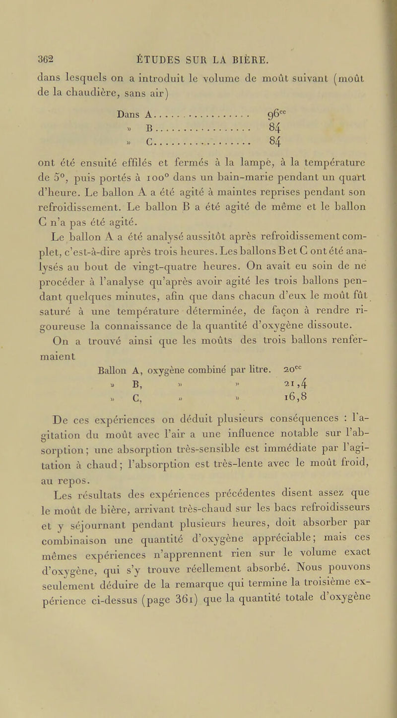 dans lesquels on a introduit le volume de moût suivant (moût de la chaudière, sans air) Dans A 96 « B 84 « C 84 ont été ensuité effilés et fermés à la lampe, à la température de 5°, puis portés à 100° dans un bain-marie pendant un quart d'heure. Le ballon A a été agité à maintes reprises pendant son refroidissement. Le ballon B a été agité de même et le ballon G n'a pas été agité. Le ballon A a été analysé aussitôt après refroidissement com- plet, c'est-à-dire après trois heures. Les ballons B et C ont été ana- lysés au bout de vingt-quatre heures. On avait eu soin de ne procéder à l'analyse qu'après avoir agité les trois ballons pen- dant quelques minutes, afin que dans chacun d'eux le moût fût saturé à une température déterminée, de façon à rendre ri- goureuse la connaissance de la quantité d'oxygène dissoute. On a trouvé ainsi que les moûts des trois ballons renfer- maient Ballon A, oxygène combiné par litre. 20 a B, »  21,4 >> C, » » 16,8 De ces expériences on déduit plusieurs conséquences : l'a- gitation du moût avec l'air a une influence notable sur l'ab- sorption; une absorption très-sensible est immédiate par l'agi- tation à chaud; l'absorption est très-lente avec le moût froid, au repos. Les résultats des expériences précédentes disent assez que le moût de bière, arrivant très-chaud sur les bacs refroidisseurs et y séjournant pendant plusieurs heures, doit absorber par combinaison une quantité d'oxygène appréciable; mais ces mêmes expériences n'apprennent rien sur le volume exact d'oxygène, qui s'y trouve réellement absorbé. Nous pouvons seulement déduire de la remarque qui termine la troisième ex- périence ci-dessus (page 361) que la quantité totale d'oxygène