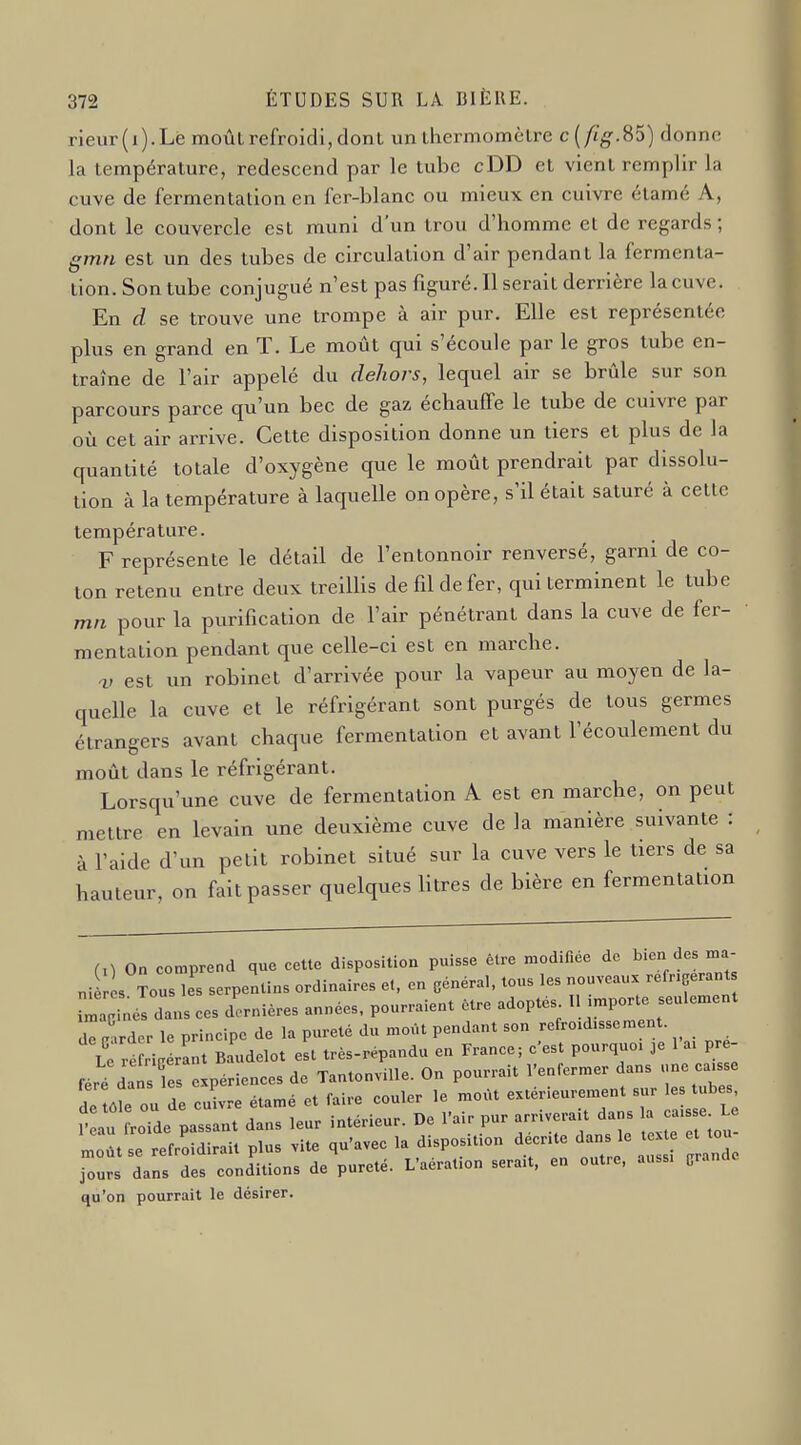 rieur(i).Le moûL refroidi, dont un ihermomèlre c(fig.%o) donne la température, redescend par le tube cDD et vient remplir la cuve de fermentation en fer-blanc ou mieux en cuivre étamé A, dont le couvercle est muni d'un trou d'homme et de regards; gmn est un des tubes de circulation d'air pendant la fermenta- tion. Son tube conjugué n'est pas figuré. Il serait derrière la cuve. En d se trouve une trompe à air pur. Elle est représentée plus en grand en T. Le moût qui s'écoule par le gros tube en- traîne de l'air appelé du dehors, lequel air se brûle sur son parcours parce qu'un bec de gaz échauffe le tube de cuivre par où cet air arrive. Cette disposition donne un tiers et plus de la quantité totale d'oxygène que le moût prendrait par dissolu- tion à la température à laquelle on opère, s'il était saturé à cette température. F représente le détail de l'entonnoir renversé, garni de co- ton retenu entre deux treillis de fil de fer, qui terminent le tube mn pour la purification de l'air pénétrant dans la cuve de fer- mentation pendant que celle-ci est en marche. est un robinet d'arrivée pour la vapeur au moyen de la- quelle la cuve et le réfrigérant sont purgés de tous germes étrangers avant chaque fermentation et avant l'écoulement du moût dans le réfrigérant. Lorsqu'une cuve de fermentation A est en marche, on peut mettre en levain une deuxième cuve de la manière suivante : à l'aide d'un petit robinet situé sur la cuve vers le tiers de sa hauteur, on fait passer quelques litres de bière en fermentation (0 On comprend que cette disposition puisse être modifiée de b.en des ma- ni L Tous les serpentins ordinaires et, en général, tous les nouveaux refr.gerant iljé! dans ces d'ornières années, pourraient être adoptés II emporte seulement dTr^rdor le principe de la pureté du moût pendant son refroidissement. £ ré ri,era^t Baudelot L très-répandu en France; c'est pourquoi 3e 1 ai pre- férÏda expériences de TantonviUe. On pourrait renfermer dans une ca.s^ Z\L ou de cuivre étamé et faire couler le moût extérieurement sur les tubes, ? au' roTde'pas-t dans leur intérieur. De l'air pur — d^ --e n^oûtse refroidirait plus vite qu'avec la disposition décrite 1»-Je t et toi, jours dans des conditions de pureté. L'aération serait, en outre, aussi grande qu'on pourrait le désirer.