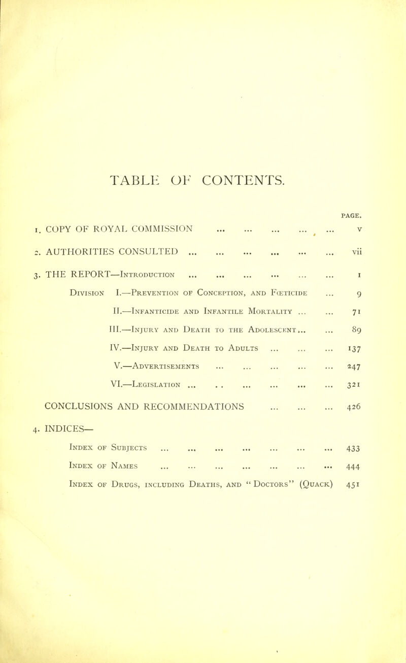 TABLE OF CONTENTS. PAGE. 1. COPY OF ROYAL COMMISSION v 2. AUTHORITIES CONSULTED vii 3. THE REPORT—Introduction i Division I.—Prevention of Conception, and Fceticide ... 9 II.—Infanticide and Infantile Mortality ... ... 71 III. —Injury and Death to the Adolescent,.. ... 89 IV. —Injury and Death to Adults ... ... ... 137 V.—Advertisements ... ... ... ... ... 247 VI.—Legislation . . ... ... ... ... 321 conclusions and recommendations 426 4. indices- Index OF Subjects 433 Index of Names ... ... ... ... ... ... ... 444 Index of Drugs, including Deaths, and Doctors (Quack) 451