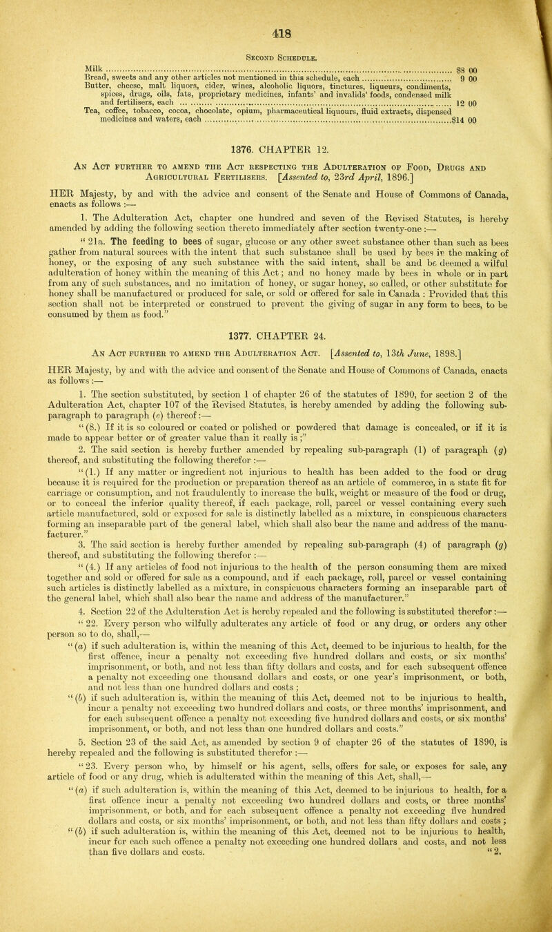 Second Schedule. Milk 18 00 Bread, sweets and any other articles not mentioned in this schedule, each 9 00 Butter, cheese, malt liquors, cider, wines, alcoholic liquors, tinctures, liqueurs, condiments, spices, drugs, oils, fats, proprietary medicines, infants' and invalids' foods, condensed milk and fertilisers, each „ 12 00 Tea, cofiFee, tobacco, cocoa, chocolate, opium, pharmaceutical liqueurs, fluid extracts, dispensed medicines and waters, each §14 OO 1376. CHAPTER 12. An Act fuethee to amend the Act eespecting the Adulteration of Food, Drugs and Agricultural Fertilisers. lAssented to, 2Srd April, 1896.] HER Majesty, by and with the advice and consent of the Senate and House of Commons of Canada, enacts as follows :— 1. The Adulteration Act, chapter one hundred and seven of the Revised Statutes, is hereby amended by adding the following section thereto immediately after section twenty-one:—  21a. The feeding to bees of sugar, glucose or any other sweet substance other than such as bees gather from natural sources with the intent that such substance shall be used by bees iv the making of honey, or the exposing of any such substance with the said intent, shall be and be deemed a wilful adulteration of honey within the meaning of this Act; and no honey made by bees in whole or in part from any of such substances, and no imitation of honey, or sugar honey, so called, or other substitute for honey shall be manufactured or produced for sale, or sold or offered for sale in Canada : Provided that this section shall not be interpreted or construed to prevent the giving of sugar in any form to bees, to be consumed by them as food. 1377. CHAPTER 24. An Act further to amend the Adulteration Act. [Assented to, I3th June, 1898.] HER Majesty, by and with the advice and consent of the Senate and House of Commons of Canada, enacts as follows :— 1. The section substituted, by section 1 of chapter 26 of the statutes of 1890, for section 2 of the Adulteration Act, chapter 107 of the Revised Statutes, is hereby amended by adding the following sub- paragraph to paragraph (e) thereof:—  (8.) If it is so coloured or coated or polished or powdered that damage is concealed, or if it is made to appear better or of greater value than it really is; 2. The said section is hereby further amended by repealing sub-paragraph (1) of paragraph [g) thereof, and substituting the following therefor :— (1.) If any matter or ingredient not injurious to health has been added to the food or drug because it is required for the production or preparation thereof as an article of commerce, in a state fit for carriage or consumption, and not fraudulently to increase the bulk, weight or measure of the food or drug, or to conceal the inferior quality thereof, if each package, roll, parcel or vessel containing every such article manufactured, sold or exposed for sale is distinctly labelled as a mixture, in conspicuous characters forming an inseparable part of the general label, which shall also bear the name and address of the manu- facturei'. 3. The said section is hereby further amended by repealing sub-paragraph (4) of paragraph (g) thereof, and substituting the following therefor :—  (4.) If any articles of food not injurious to the health of the person consuming them are mixed together and sold or offered for sale as a compound, and if each package, roll, parcel or vessel containing such articles is distinctly labelled as a mixture, in conspicuous characters forming an inseparable part of the general label, which shall also bear the name and address of the manufacturer. 4. Section 22 of the Adulteration Act is hereby repealed and the following is substituted therefor:—  22. Every person who wilfully adulterates any article of food or any drug, or orders any other person so to do, shall,—  (a) if such adulteration is, within the meaning of this Act, deemed to be injurious to health, for the first offence, incur a penalty not exceeding five hundred dollars and costs, or six months' imprisonment, or both, and not less than fifty dollars and costs, and for each subsequent offence a penalty not exceeding one thousand dollars and costs, or one year's imprisonment, or both, and not less than one hundred dollars and costs ;  (b) if such adulteration is, within the meaning of this Act, deemed not to be injurious to health, incur a penalty not exceeding two hundi-ed dollars and costs, or three months' imprisonment, and for each subsequent offence a penalty not exceeding five hundred dollars and costs, or six months' imprisonment, or both, and not less than one hundred dollars and costs. 5. Section 2.3 of the said Act, as amended by section 9 of chapter 26 of the statutes of 1890, is hereby repealed and the following is substituted therefor :— 23. Every person who, by himself or his agent, sells, offers for sale, or exposes for sale, any article of food or any drug, which is adulterated within the meaning of this Act, shall,—  (a) if such adulteration is, within the meaning of this Act, deemed to be injurious to health, for a first offence incur a penalty not exceeding two hundred dollars and costs, or three months' imprisonment, or both, and for each subsequent offence a penalty not exceeding five hundred dollars and costs, or six months' imprisonment, or both, and not less than fifty dollars and costs;  (6) if such adulteration is, within the meaning of this Act, deemed not to be injurious to health, incur for each such offence a penalty not exceeding one hundred dollars and costs, and not less than five dollars and costs.  2.