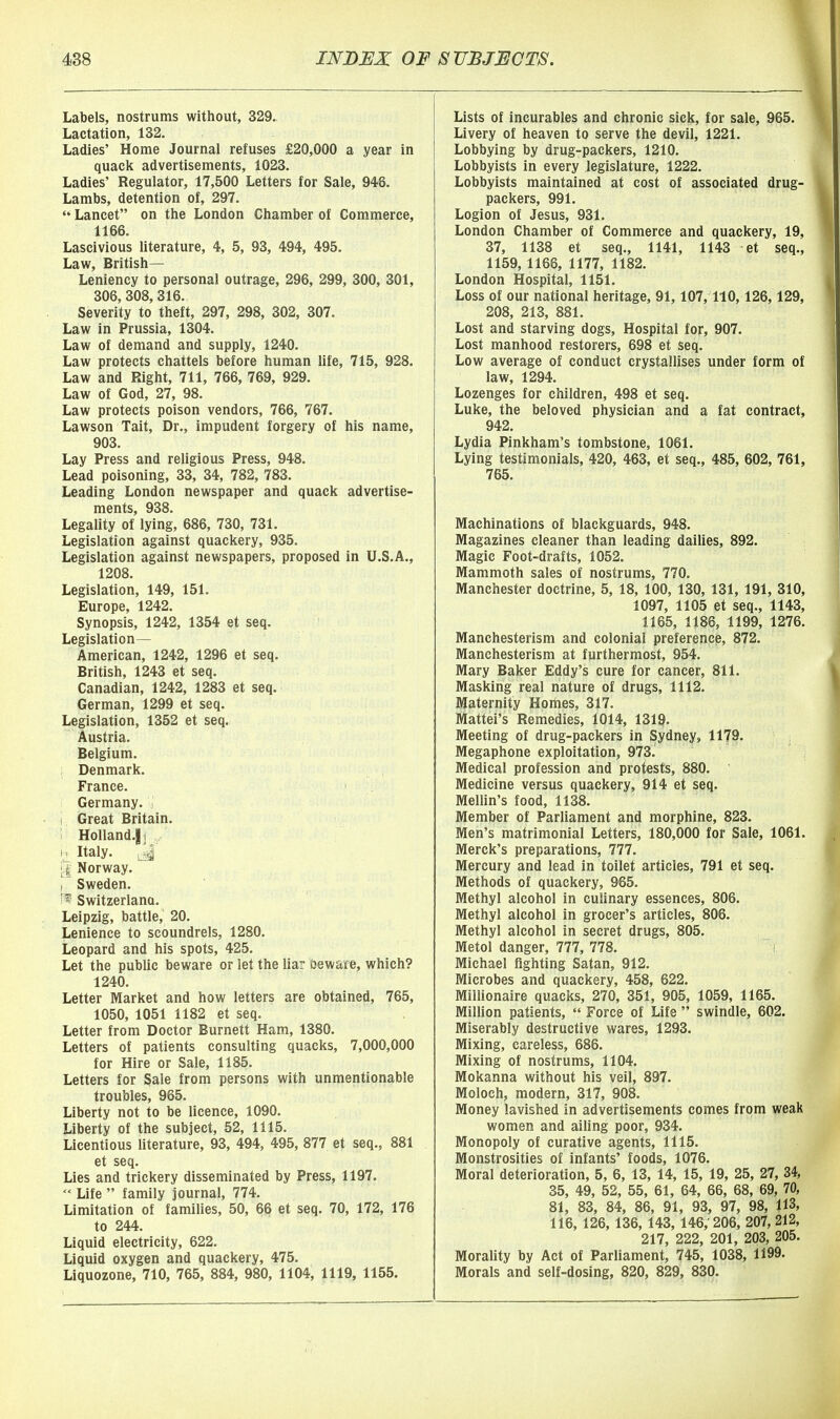 Labels, nostrums without, 329. Lactation, 132. Ladies' Home Journal refuses £20,000 a year in quack advertisements, 1023. Ladies' Regulator, 17,500 Letters for Sale, 946. Lambs, detention of, 297. <' Lancet on the London Chamber of Commerce, 1166. Lascivious literature, 4, 5, 93, 494, 495. Law, British— Leniency to personal outrage, 296, 299, 300, 301, 306, 308, 316. Severity to theft, 297, 298, 302, 307. Law in Prussia, 1304. Law of demand and supply, 1240. Law protects chattels before human life, 715, 928. Law and Right, 711, 766, 769, 929. Law of God, 27, 98. Law protects poison vendors, 766, 767. Lawson Tait, Dr., impudent forgery of his name, 903. Lay Press and religious Press, 948. Lead poisoning, 33, 34, 782, 783. Leading London newspaper and quack advertise- ments, 938. Legality of lying, 686, 730, 731. Legislation against quackery, 935. Legislation against newspapers, proposed in U.S.A., 1208. Legislation, 149, 151. Europe, 1242. Synopsis, 1242, 1354 et seq. Legislation— American, 1242, 1296 et seq. British, 1243 et seq. Canadian, 1242, 1283 et seq. German, 1299 et seq. Legislation, 1352 et seq. Austria. Belgium. Denmark. France. Germany. , I Great Britain. Holland.|j ^ h Italy. ^ Norway. I Sweden. Switzerlana. Leipzig, battle, 20. Lenience to scoundrels, 1280. Leopard and his spots, 425. Let the public beware or let the liar Oeware, which? 1240. Letter Market and how letters are obtained, 765, 1050, 1051 1182 et seq. Letter from Doctor Burnett Ham, 1380. Letters of patients consulting quacks, 7,000,000 for Hire or Sale, 1185. Letters for Sale from persons with unmentionable troubles, 965. Liberty not to be licence, 1090. Liberty of the subject, 52, 1115. Licentious literature, 93, 494, 495, 877 et seq., 881 et seq. Lies and trickery disseminated by Press, 1197.  Life  family journal, 774. Limitation of families, 50, 66 et seq. 70, 172, 176 to 244. Liquid electricity, 622. Liquid oxygen and quackery, 475. Liquozone, 710, 765, 884, 980, 1104, 1119, 1155. Lists of incurables and chronic sick, for sale, 965. Livery of heaven to serve the devil, 1221. Lobbying by drug-packers, 1210. Lobbyists in every legislature, 1222. Lobbyists maintained at cost of associated drug- packers, 991. Logion of Jesus, 931. London Chamber of Commerce and quackery, 19, 37, 1138 et seq., 1141, 1143 et seq., 1159, 1166, 1177, 1182. London Hospital, 1151. Loss of our national heritage, 91, 107,110,126,129, 208, 213, 881. Lost and starving dogs. Hospital for, 907. Lost manhood restorers, 698 et seq. Low average of conduct crystallises under form of law, 1294. Lozenges for children, 498 et seq. Luke, the beloved physician and a fat contract, 942. Lydia Pinkham's tombstone, 1061. Lying testimonials, 420, 463, et seq., 485, 602, 761, 765. Machinations of blackguards, 948. Magazines cleaner than leading dailies, 892. Magic Foot-drafts, 1052. Mammoth sales of nostrums, 770. Manchester doctrine, 5, 18, 100, 130, 131, 191, 310, 1097, 1105 et seq., 1143, 1165, 1186, 1199, 1276. Manchesterism and colonial preference, 872. Manchesterism at furthermost, 954. Mary Baker Eddy's cure for cancer, 811. Masking real nature of drugs, 1112. Maternity Homes, 317. Mattel's Remedies, 1014, 1319. Meeting of drug-packers in Sydney, 1179. Megaphone exploitation, 973. Medical profession and protests, 880. Medicine versus quackery, 914 et seq. Mellin's food, 1138. Member of Parliament and morphine, 823. Men's matrimonial Letters, 180,000 for Sale, 1061. Merck's preparations, 777. Mercury and lead in toilet articles, 791 et seq. Methods of quackery, 965. Methyl alcohol in culinary essences, 806. Methyl alcohol in grocer's articles, 806. Methyl alcohol in secret drugs, 805. Metol danger, 777, 778. \ Michael fighting Satan, 912. Microbes and quackery, 458, 622. Millionaire quacks, 270, 351, 905, 1059, 1165. Million patients,  Force of Life  swindle, 602. Miserably destructive wares, 1293. Mixing, careless, 686. Mixing of nostrums, 1104. Mokanna without his veil, 897. Moloch, modern, 317, 908, Money lavished in advertisements comes from weak women and ailing poor, 934, Monopoly of curative agents, 1115, Monstrosities of infants' foods, 1076. Moral deterioration, 5, 6, 13, 14, 15, 19, 25, 27, 34, 35, 49, 52, 55, 61, 64, 66, 68, 69, 70, 81, 83, 84, 86, 91, 93, 97, 98, 113, 116, 126, 136, 143, 146, 206, 207, 212, 217, 222, 201, 203, 205. Morality by Act of Parliament, 745, 1038, 1199. Morals and self-dosing, 820, 829, 830.