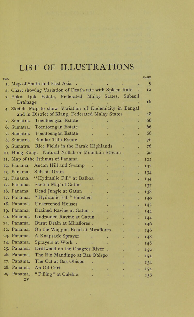 LIST OF ILLUSTRATIONS FIG. FAQE I. Map of South and East Asia . . . . 5 2. Chart showing Variation of Death-rate with Spleen Rate . 12 3- Bukit Ijok Estate, Federated Malay States. Subsoil Drainage ..... 16 4- Sketch Map to show Variation of Endemicity in Bengal and in District of Klang, Federated Malay States 48 5- Sumatra. Toentoengan Estate 66 6. Sumatra. Toentoengan Estate 66 7- Sumatra. Toentoengan Estate 66 8. Sumatra. Bandar Talu Estate 76 9. Sumatra. Rice Fields in the Barak Highlands 76 lO. Hong Kong, Natural Nullah or Mountain Stream 90 II. Map of the Isthmus of Panama 122 12. Panama. Ancon Hill and Swamp 132 13- Panama. Subsoil Drain 134 14. Panama.  Hydraulic Fill at Balboa 134 IS- Panama. Sketch Map of Gatun 137 16. Panama. Dead Jungle at Gatun 138 17. Panama.  Hydraulic Fill  Finished 140 18. Panama. Unscreened Houses 142 19. Panama. Drained Ravine at Gatun . 144 20. Panama. Undrained Ravine at Gatun 144 21. Panama. Burnt Drain at Miraflores . 146 22. Panama. On the Waggon Road at Miraflores 146 23- Panama. A Knapsack Sprayer 148 24. Panama. Sprayers at Work . 148 25- Panama. Driftwood on the Chagres River . 152 26. Panama. The Rio Mandingo at Bas Obispo 154 27, Panama. The Cut at Bas Obispo 154 28. Panama. An Oil Cart 154 29. Panama. Filling at Culebra 156