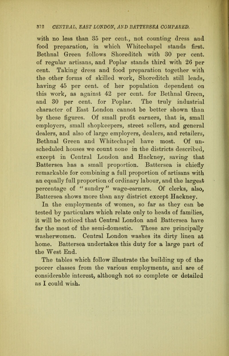 with no less tlian 35 per cent., not counting dress and food preparation, in which Whitechapel stands first. Bethnal Green follows Shoreditch with 30 per cent, of regular artisans, and Poplar stands third with 26 per cent. Taking dress and food preparation together with the other forms of skilled work, Shoreditch still leads, having 45 per cent, of her population dependent on this work, as against 42 per cent, for Bethnal Green, and 30 per cent, for Poplar. The truly industrial character of East London cannot be better shown than by these figures. Of small profit earners, that is, small employers, small shopkeepers, street sellers, and general dealers, and also of large employers, dealers, and retailers, Bethnal Green and Whitechapel have most. Of un- scheduled houses we count none in the districts described, except in Central London and Hackney, saving that Battersea has a small proportion. Battersea is chiefly remarkable for combining a full proportion of artisans with an equally full proportion of ordinary labour, and the largest percentage of  sundry wage-earners. Of clerks, also, Battersea shows more than any district except Hackney. In the employments of women, so far as they can be tested by particulars which relate only to heads of families, it will be noticed that Central London and Battersea have far the most of the semi-domestic. These are principally washerwomen. Central London washes its dirty linen at home. Battersea undertakes this duty for a large part of the West End. The tables which follow illustrate the building np of the poorer classes from the various employments, and are of considerable interest, although not so complete or detailed as I could wish.