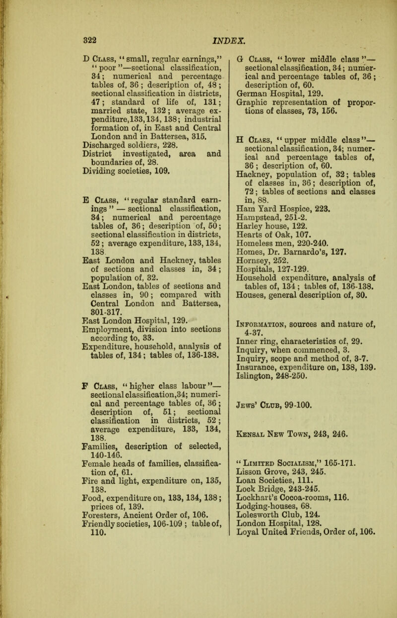 D Class,  small, regular earnings, poor —sectional classification, 34; numerical and percentage tables of, 36 ; description of, 48 ; sectional classification in districts, 47; standard of life of, 131; married state, 132; average ex- penditure,133,134,138; industrial formation of, in East and Central London and in Battersea, 315. Discharged soldiers, 228. District investigated, area and boundaries of, 28. Dividing societies, 109. E Class, regular standard earn- ings  — sectional classification, 34; numerical and percentage tables of, 36; description of, 50; sectional classification in districts, 52; average expenditure, 133,134, 138 East London and Hackney, tables of sections and classes in, 34; population of, 32. East London, tables of sections and classes in, 90; compared with Central London and Battersea, 301-317. East London Hospital, 129. Employment, division into sections according to, 33. Expenditure, household, analysis of tables of, 134; tables of, 136-138. F Class, *• higher class labour— sectional classification,34; numeri- cal and percentage tables of, 36; description of, 51; sectional classification in districts, 52; average expenditure, 133, 134, 138. Families, description of selected, 140-146. Female heads of families, classifica- tion of, 61. Fire and light, expenditure on, 135, 138. Food, expenditure on, 133,134, 138; prices of, 139. Foresters, Ancient Order of, 106. Friendly societies, 106-109 ; table of, 110. G Class, ** lower middle class — sectional classification, 34; nunier- ical and percentage tables of, 36 ; description of, 60. German Hospital, 129. Graphic representation of propor- tions of classes, 73, 156. H Class, upper middle class— sectional classification, 34; numer- ical and percentage tables of, 36 ; description of, 60. Hackney, population of, 32; tables of classes in, 36; description of, 72; tables of sections and classes in, 88. Ham Yard Hospice, 223. Hampstead, 251-2. Harley house, 122. Hearts of Oak, 107. Homeless men, 220-240. Homes, Dr. Barnardo's, 127. Hornsey, 252. Hospitals, 127-129. Household expenditure, analysis of tables of, 134 ; tables of, 136-138. Houses, general description of, 30. Information, sources and nature of, 4-37. Inner ring, characteristics of, 29. Inquiry, when commenced, 3. Inquiry, scope and method of, 3-7. Insurance, expenditure on, 138, 139. Islington, 248-250. Jews' Club, 99-100. Kensal New Town, 243, 246. Limited Socialism, 165-171. Lisson Grove, 243, 245. Loan Societies, 111. Lock Bridge, 243-245. Lockhart's Cocoa-rooms, 116. Lodging-houses, 68. Lolesworth Club, 124. London Hospital, 128. Loyal United Friends, Order of, 106.